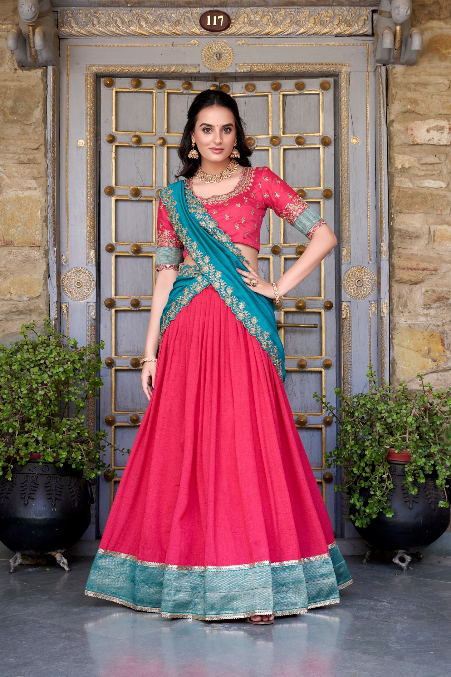 Exquisite Vichitra Silk Zari Weaving Lace Border Worked Lehenga Choli