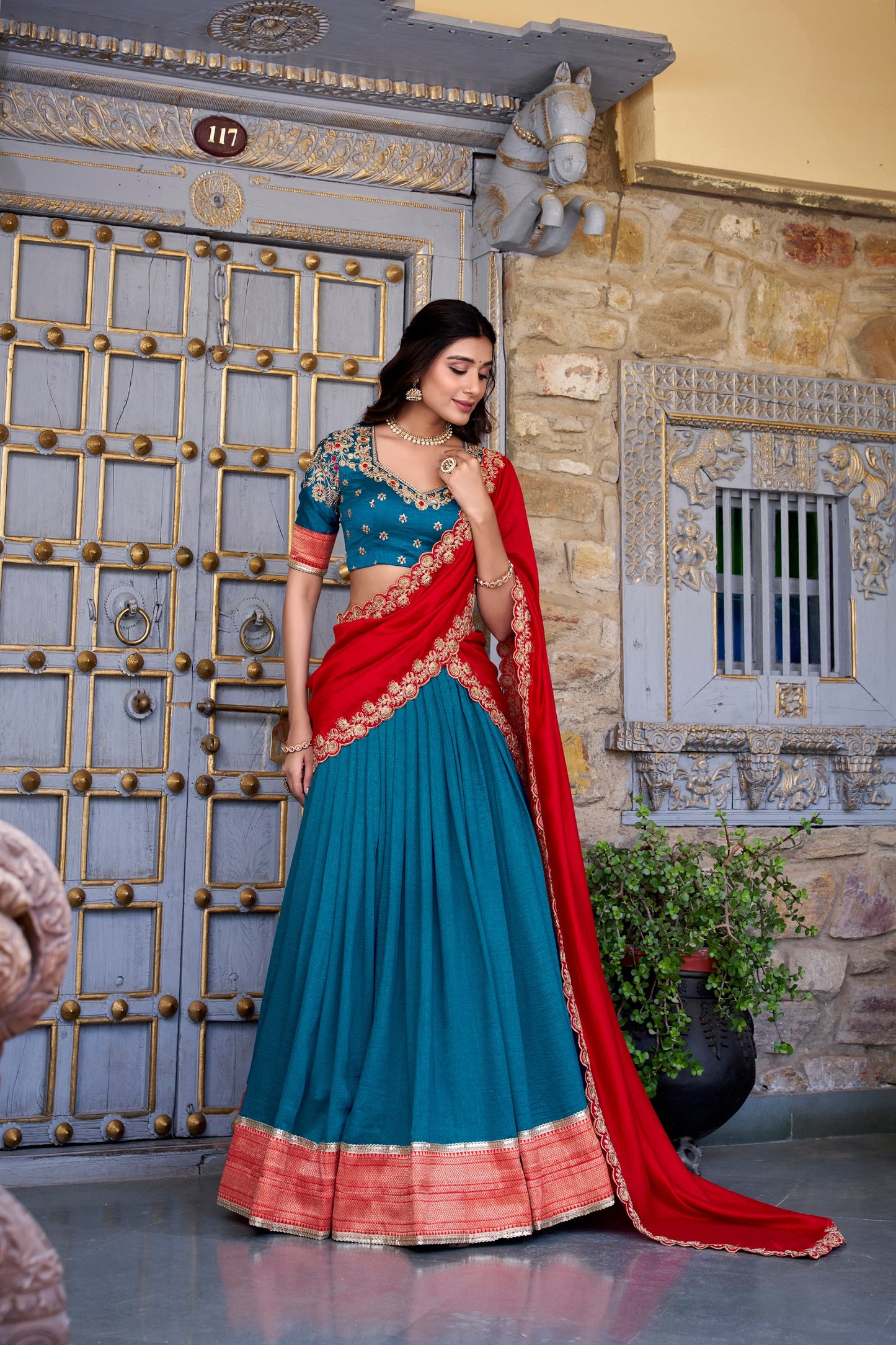 Exquisite Vichitra Silk Zari Weaving Lace Border Worked Lehenga Choli