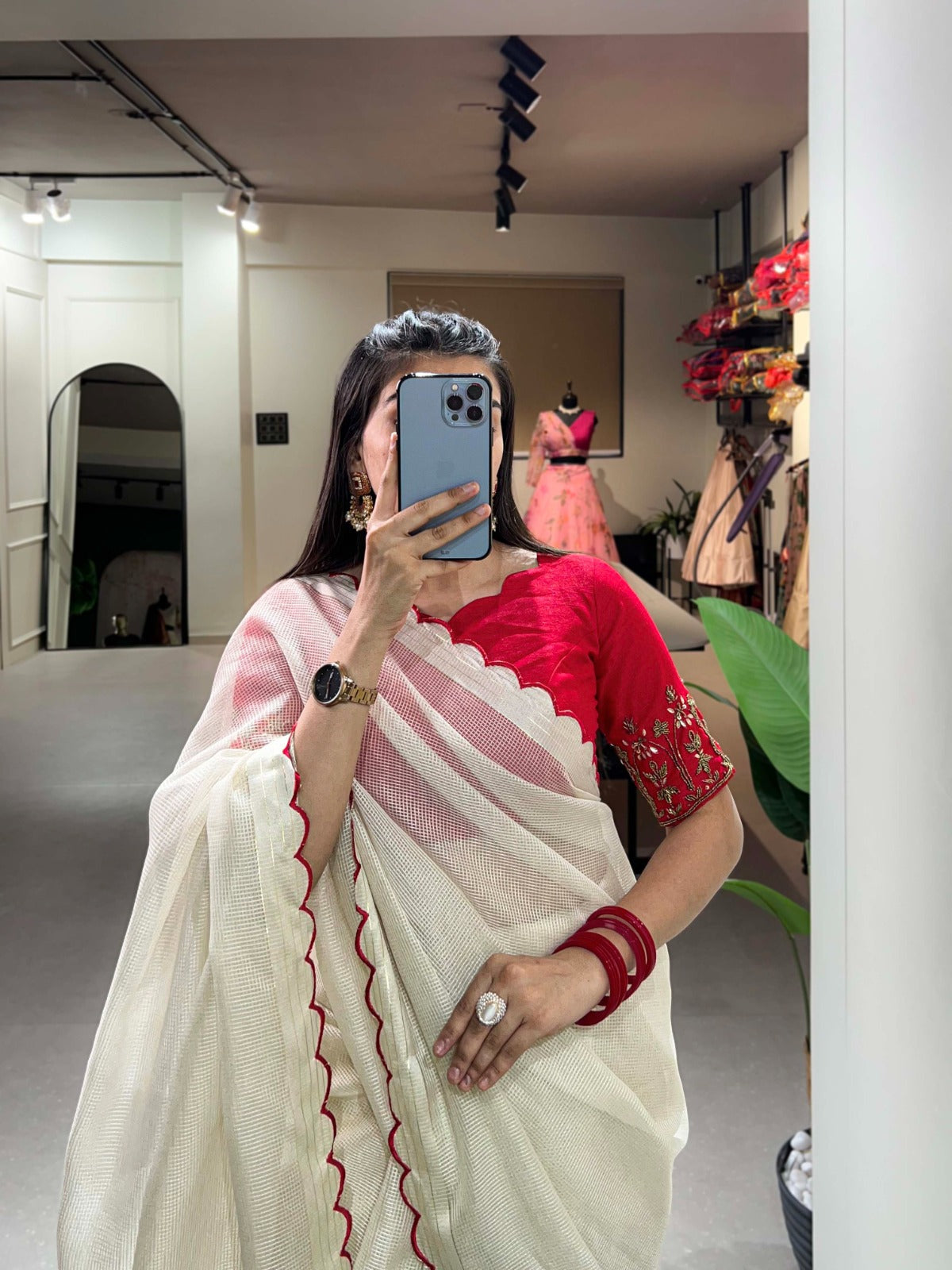 Resplendent White Manipuri Tussar Arca Worked Saree With Handworked Blouse - Ethnicwish