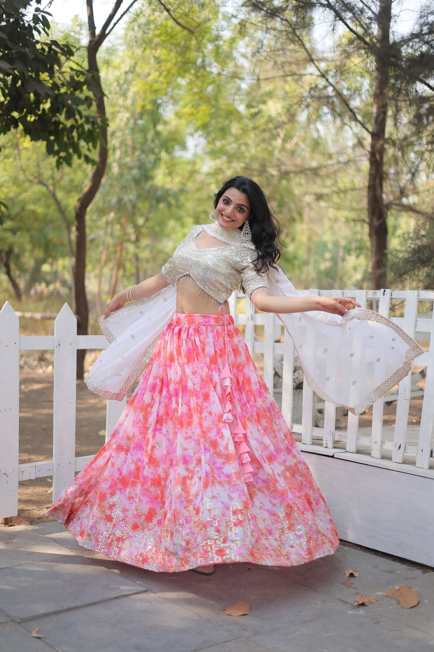 Spectacular Faux Georgette Floral Printed Sequins Embroidered Lehenga Choli - Ethnicwish