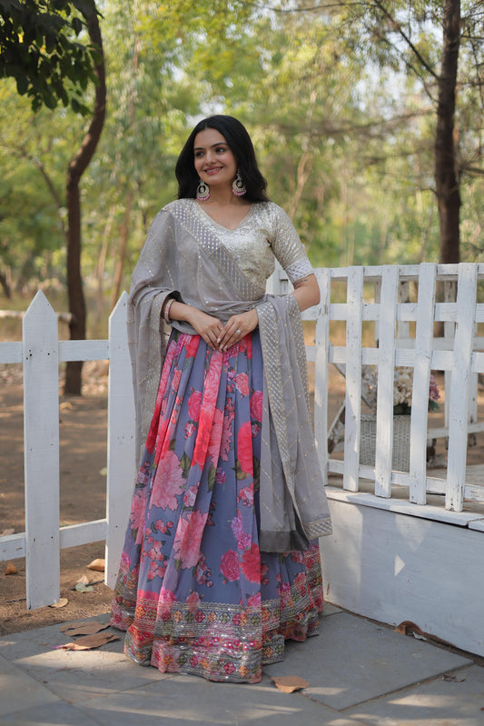 Elegant Faux Georgette Floral Printed Sequins Embroidered Lehenga Choli - Ethnicwish