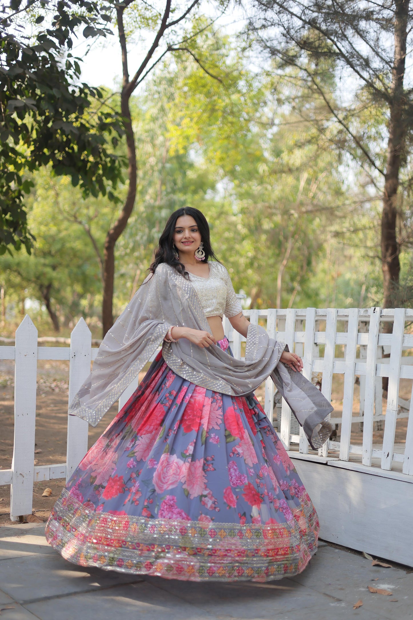 Elegant Faux Georgette Floral Printed Sequins Embroidered Lehenga Choli - Ethnicwish