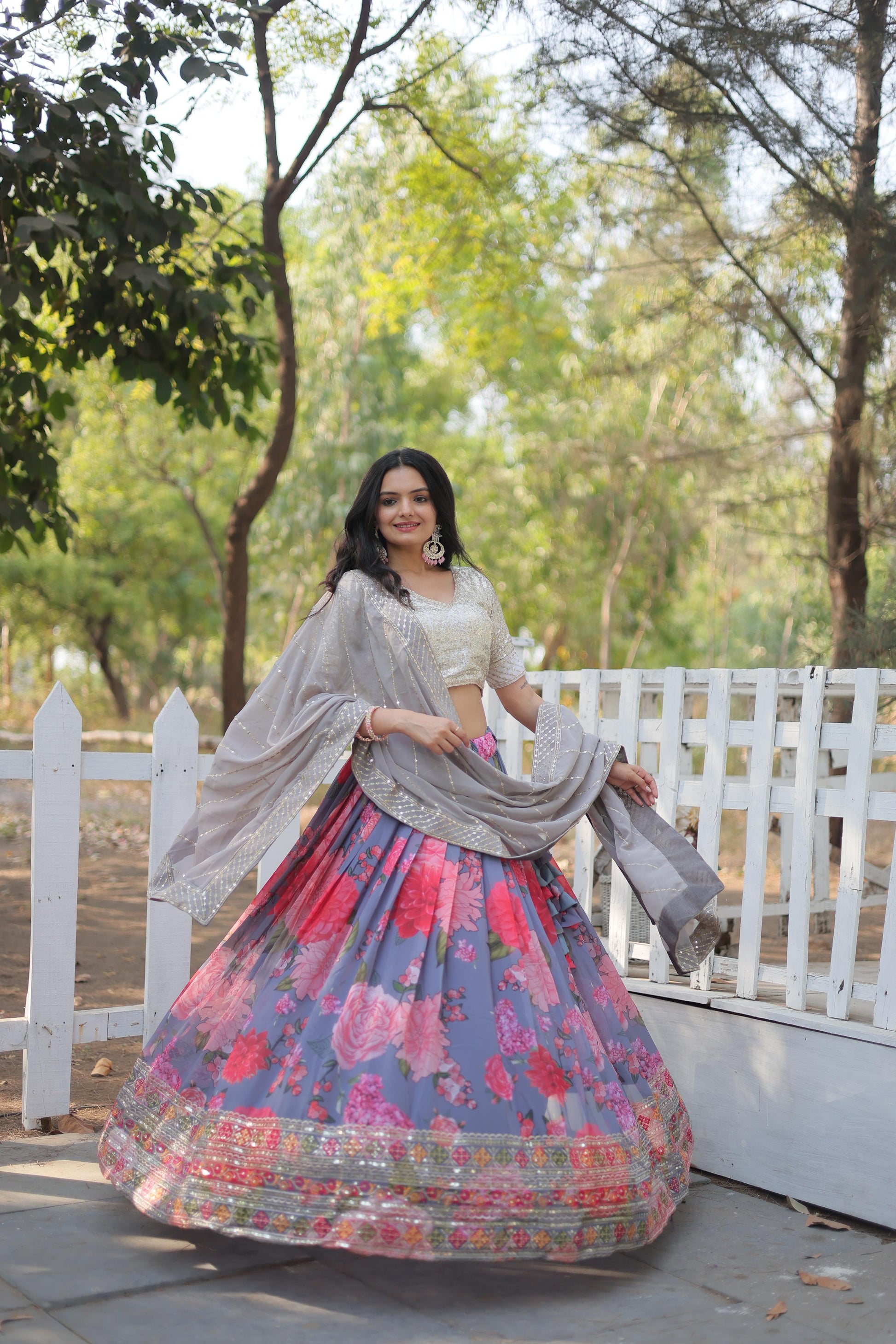 Elegant Faux Georgette Floral Printed Sequins Embroidered Lehenga Choli - Ethnicwish