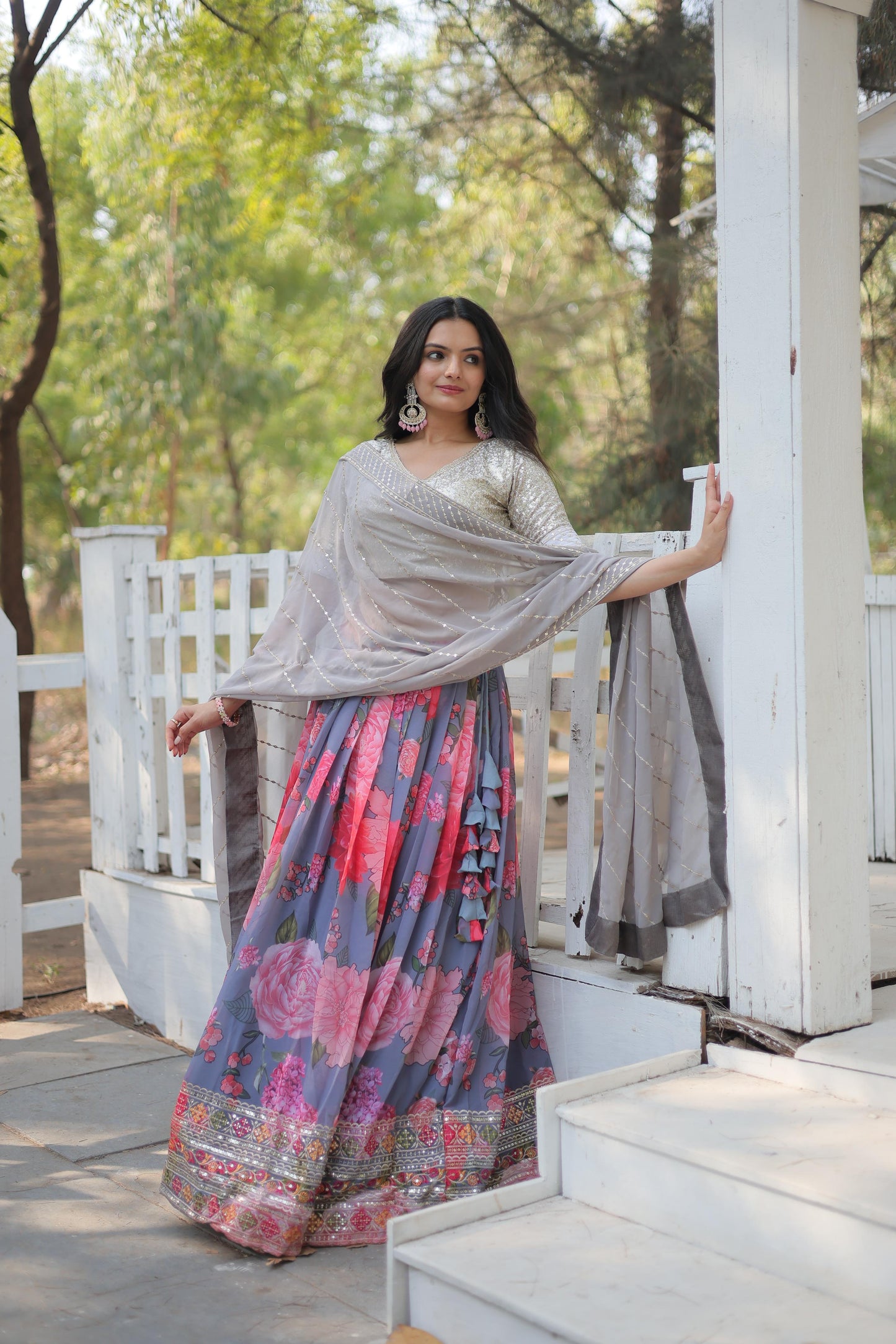 Elegant Faux Georgette Floral Printed Sequins Embroidered Lehenga Choli - Ethnicwish