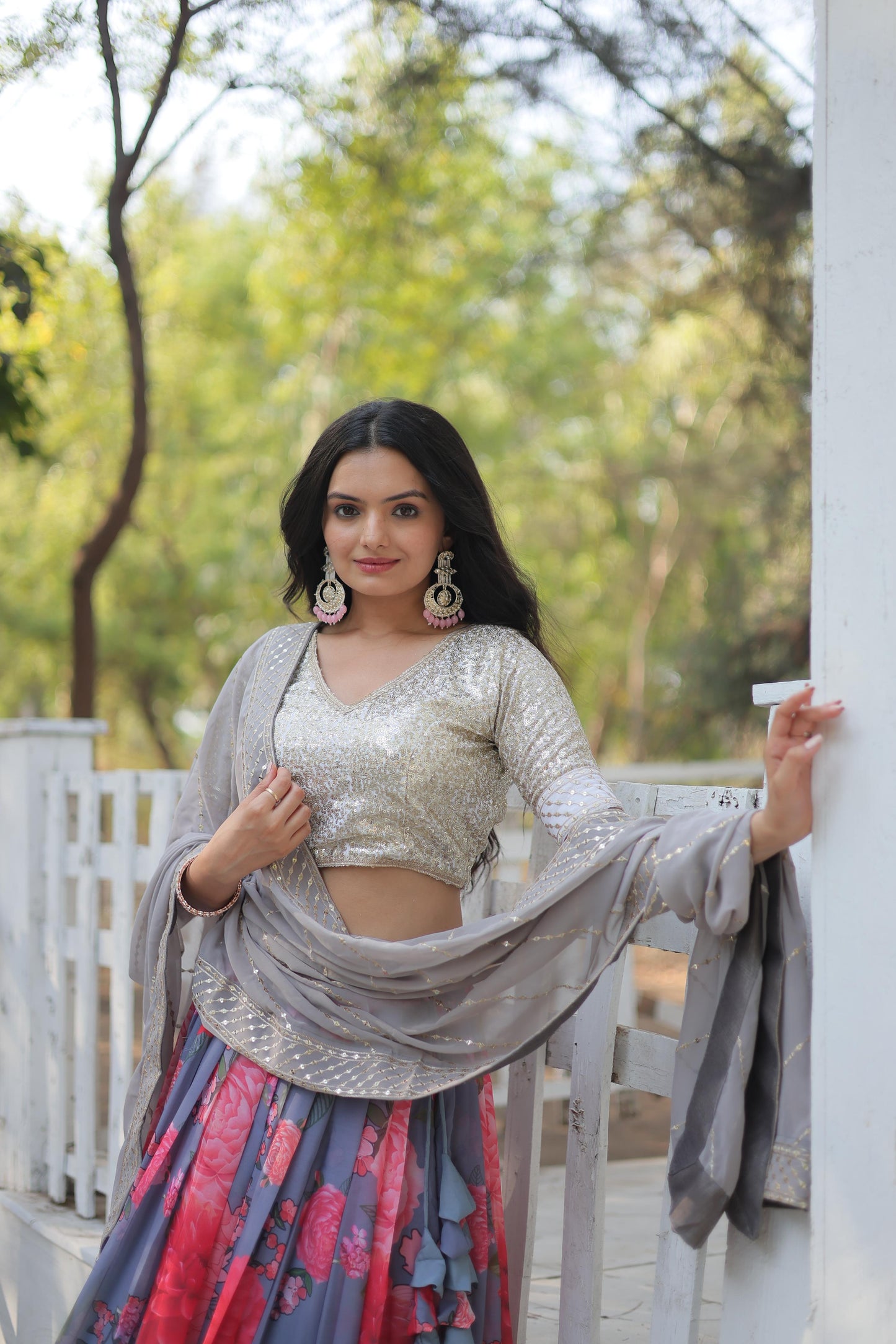 Elegant Faux Georgette Floral Printed Sequins Embroidered Lehenga Choli - Ethnicwish