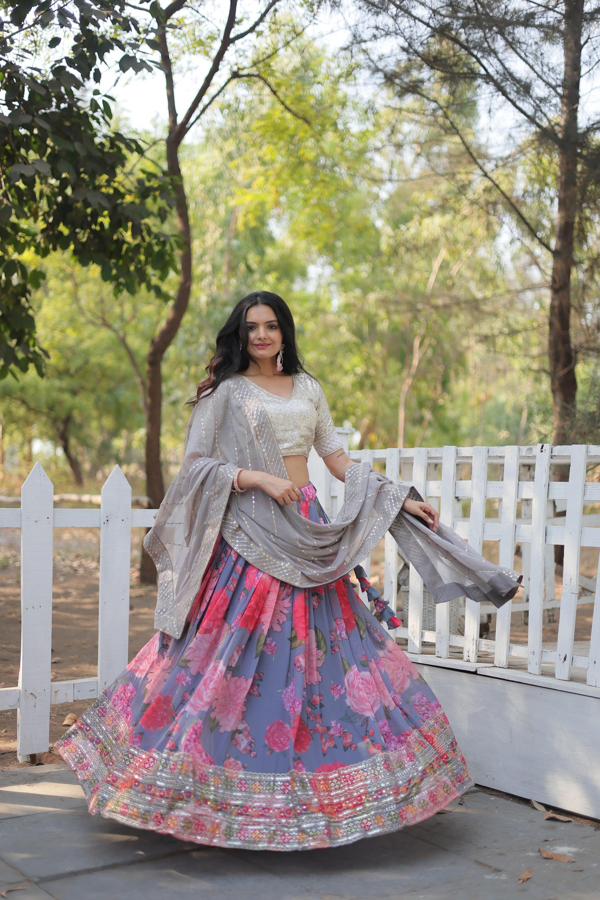 Elegant Faux Georgette Floral Printed Sequins Embroidered Lehenga Choli - Ethnicwish