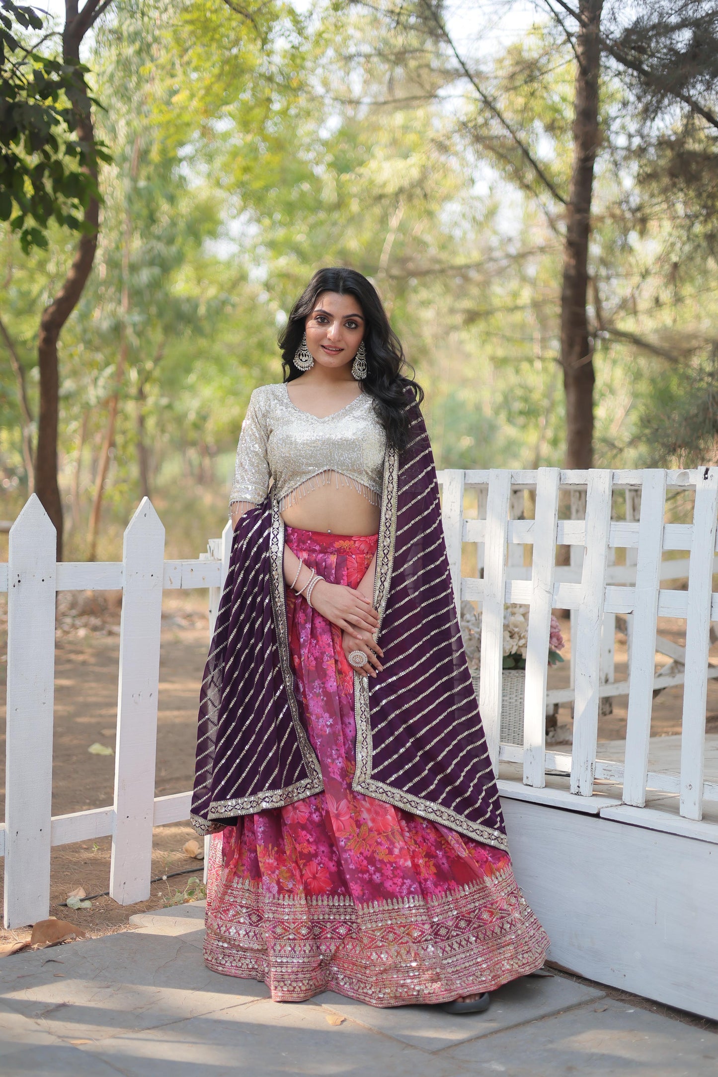 Enchanting Pink Georgette Floral Printed Sequins Embroidered Lehenga Set - Ethnicwish