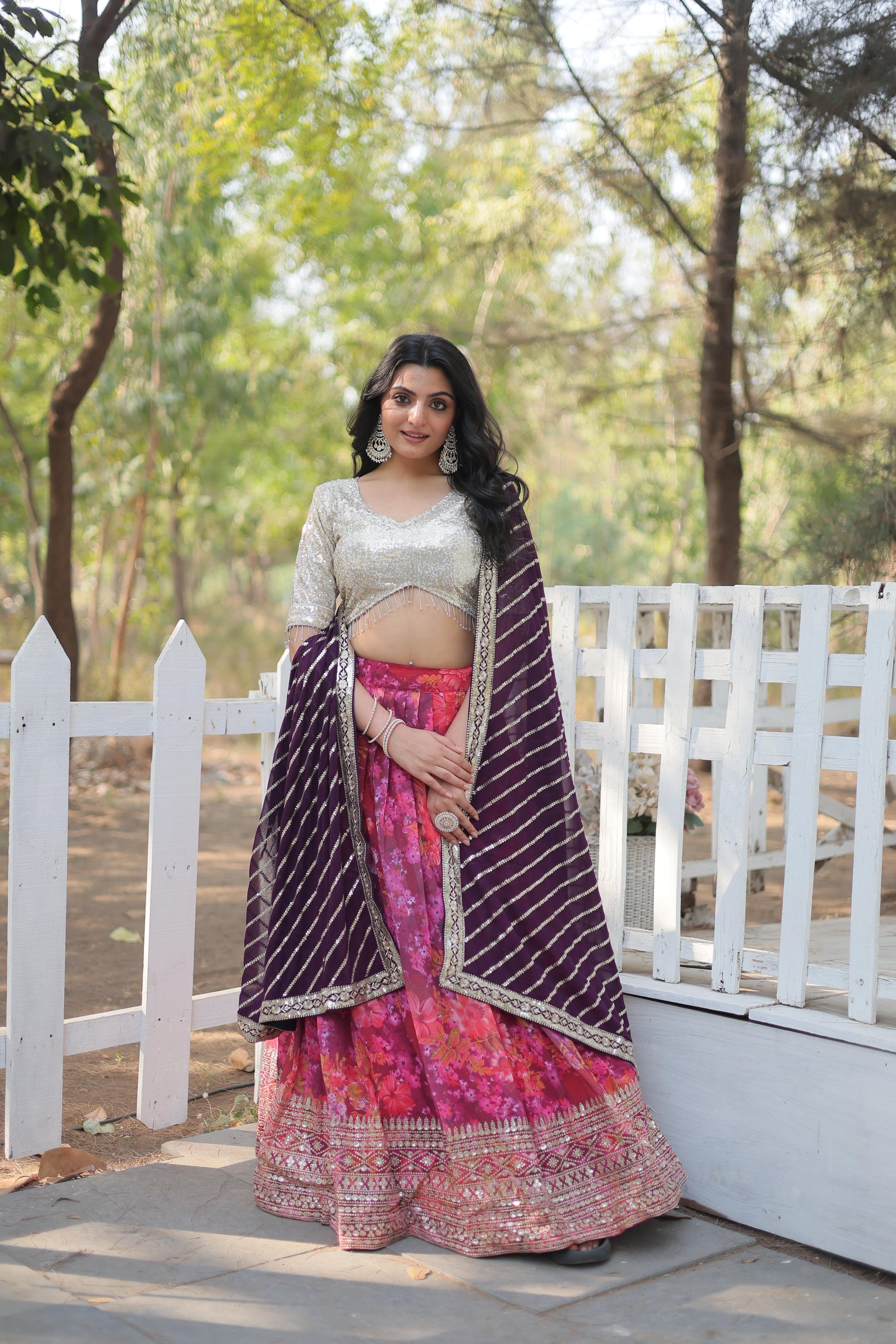 Enchanting Pink Georgette Floral Printed Sequins Embroidered Lehenga Set - Ethnicwish