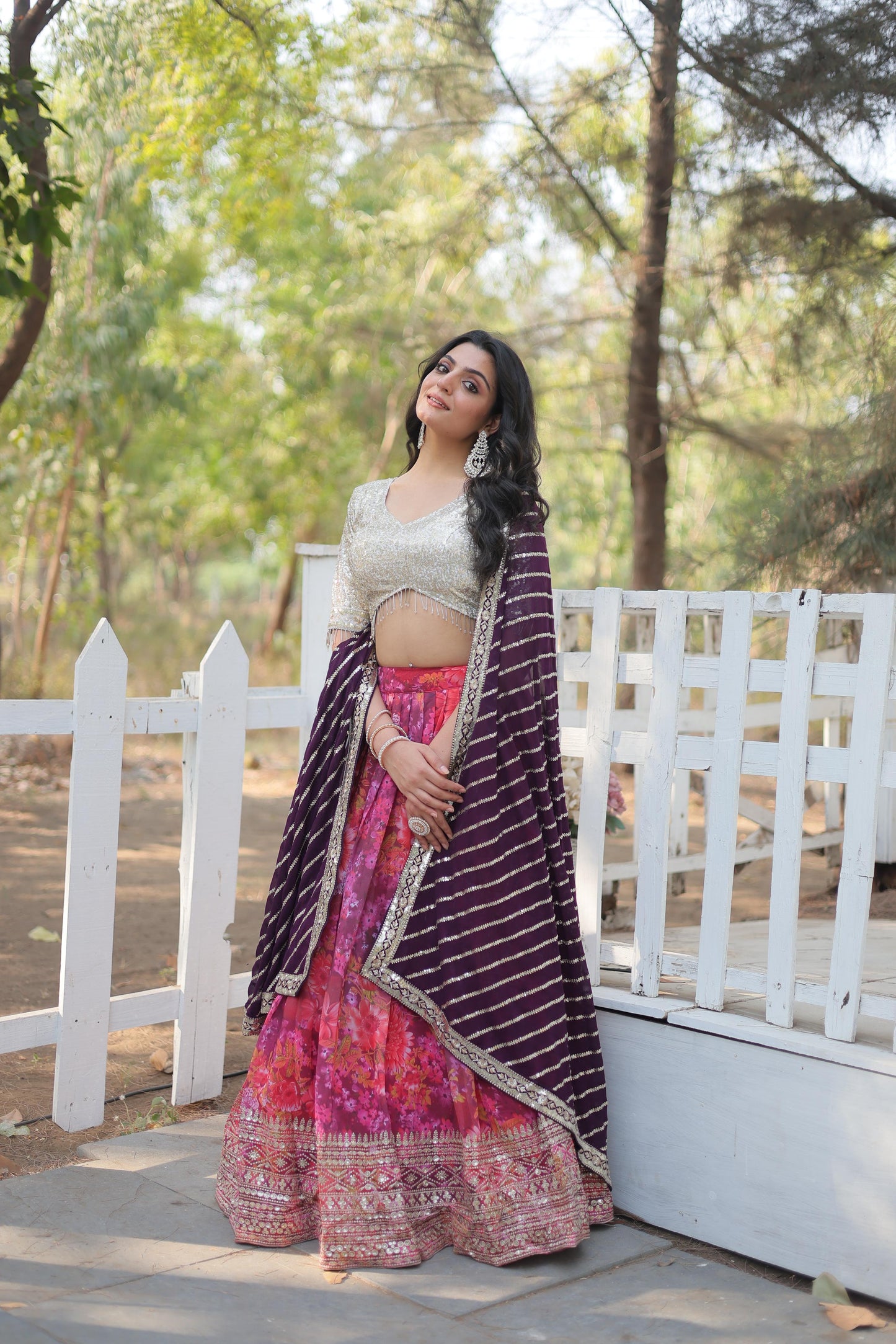 Enchanting Pink Georgette Floral Printed Sequins Embroidered Lehenga Set - Ethnicwish
