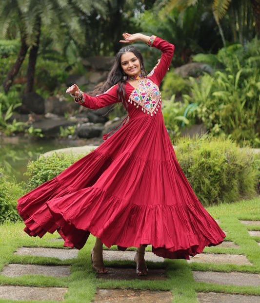 Maroon Rayon Kutchi Gamthi Work Gown – 12 Meter Flair & Fully Stitched