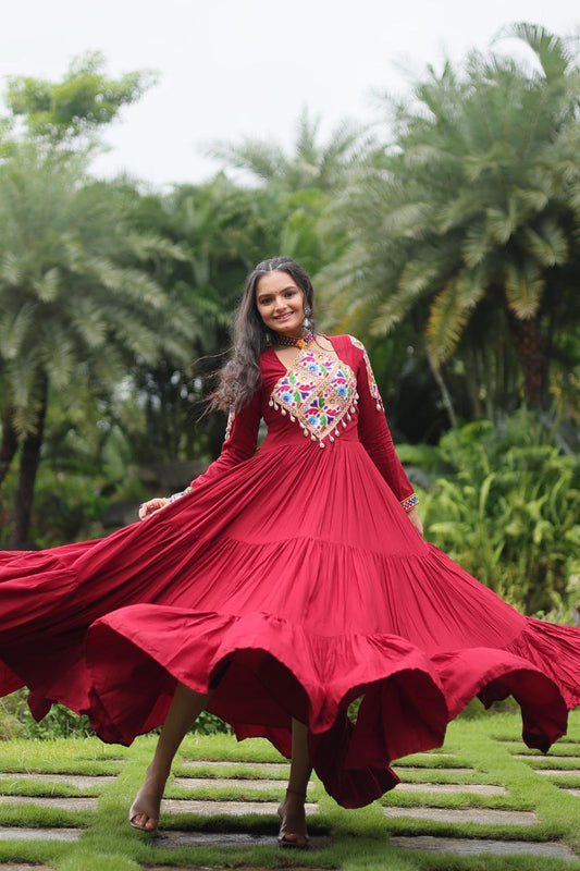 Maroon Rayon Kutchi Gamthi Work Gown – 12 Meter Flair & Fully Stitched