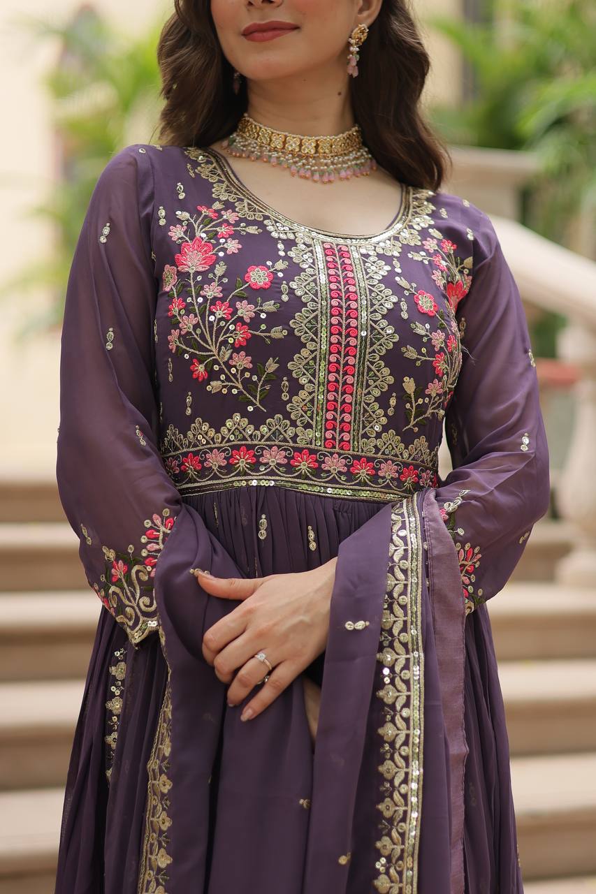 Breathtaking Faux Georgette Rich Sequins Embroidered Top Sharara Suit - Ethnicwish