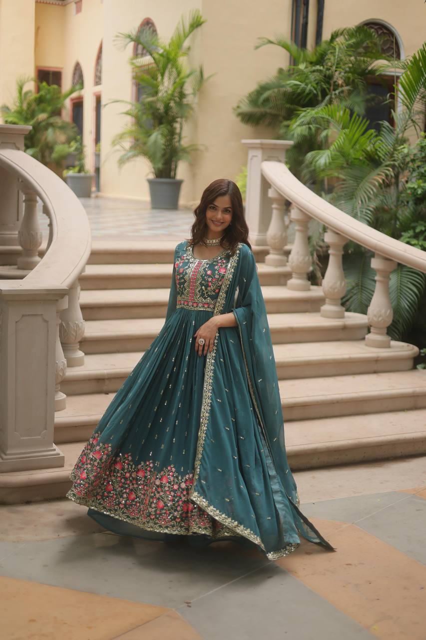 Breathtaking Faux Georgette Rich Sequins Embroidered Top Sharara Suit - Ethnicwish