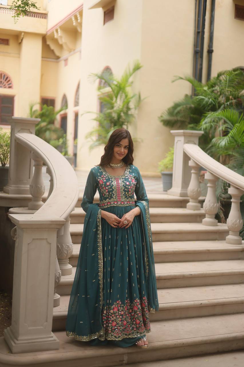 Breathtaking Faux Georgette Rich Sequins Embroidered Top Sharara Suit - Ethnicwish