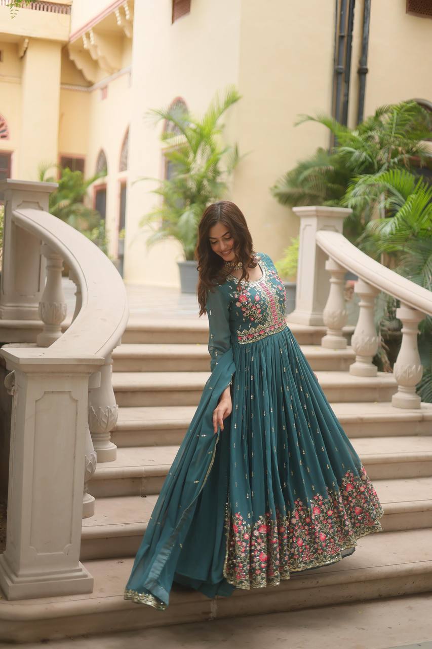 Breathtaking Faux Georgette Rich Sequins Embroidered Top Sharara Suit - Ethnicwish