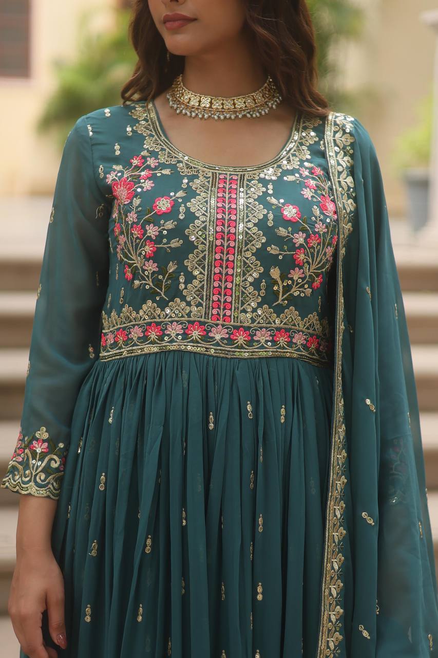 Breathtaking Faux Georgette Rich Sequins Embroidered Top Sharara Suit - Ethnicwish