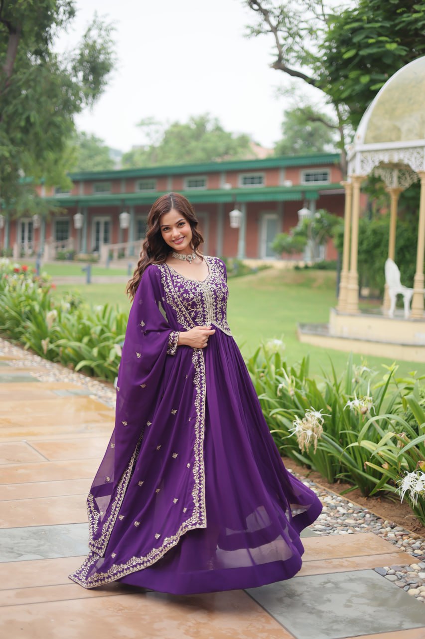 Radiant Faux Georgette Intricate Sequins Embroidered Gown With Dupatta - Ethnicwish