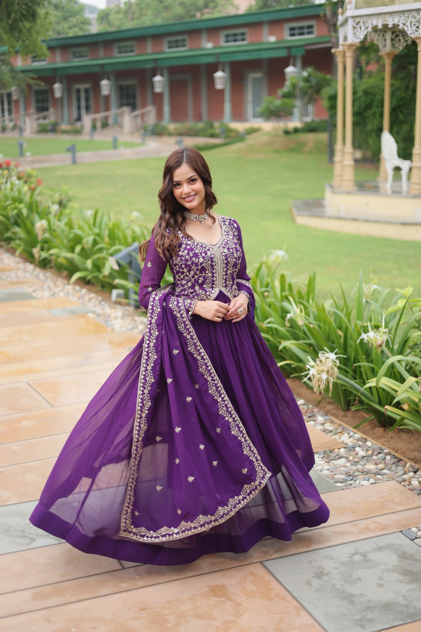 Radiant Faux Georgette Intricate Sequins Embroidered Gown With Dupatta - Ethnicwish