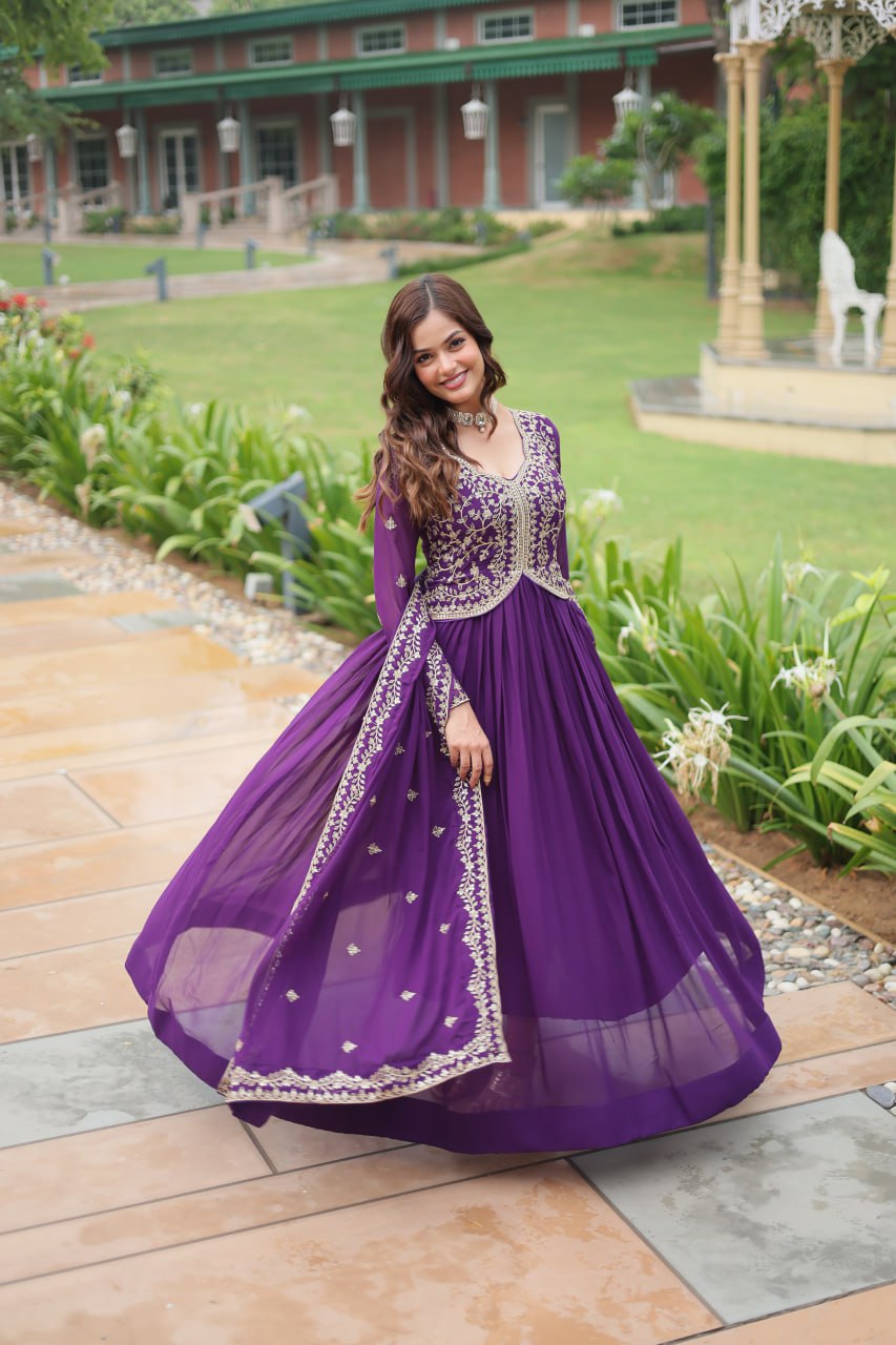 Radiant Faux Georgette Intricate Sequins Embroidered Gown With Dupatta - Ethnicwish
