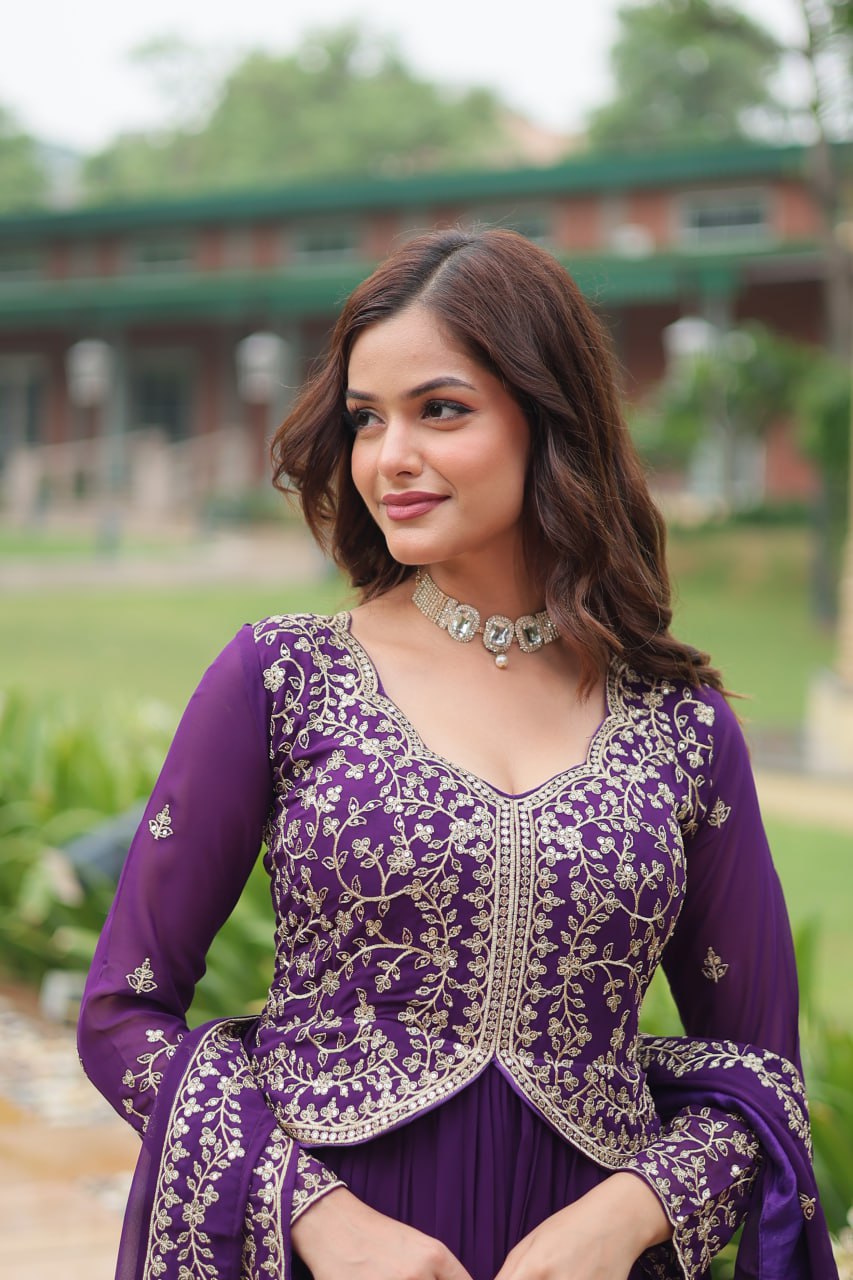 Radiant Faux Georgette Intricate Sequins Embroidered Gown With Dupatta - Ethnicwish