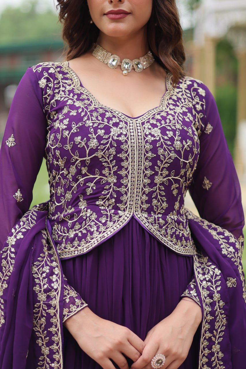 Radiant Faux Georgette Intricate Sequins Embroidered Gown With Dupatta - Ethnicwish