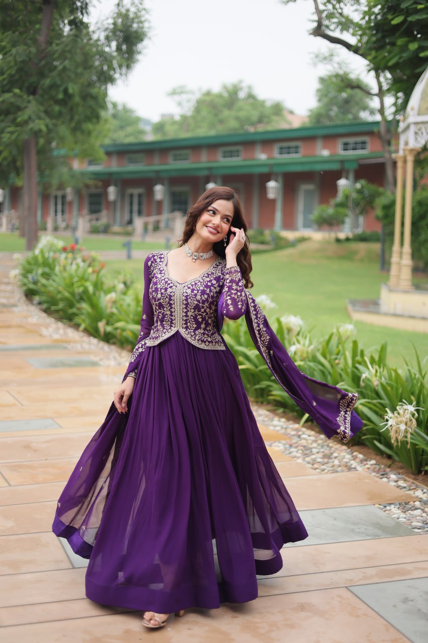 Radiant Faux Georgette Intricate Sequins Embroidered Gown With Dupatta - Ethnicwish