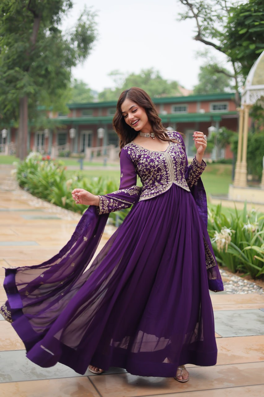 Radiant Faux Georgette Intricate Sequins Embroidered Gown With Dupatta - Ethnicwish