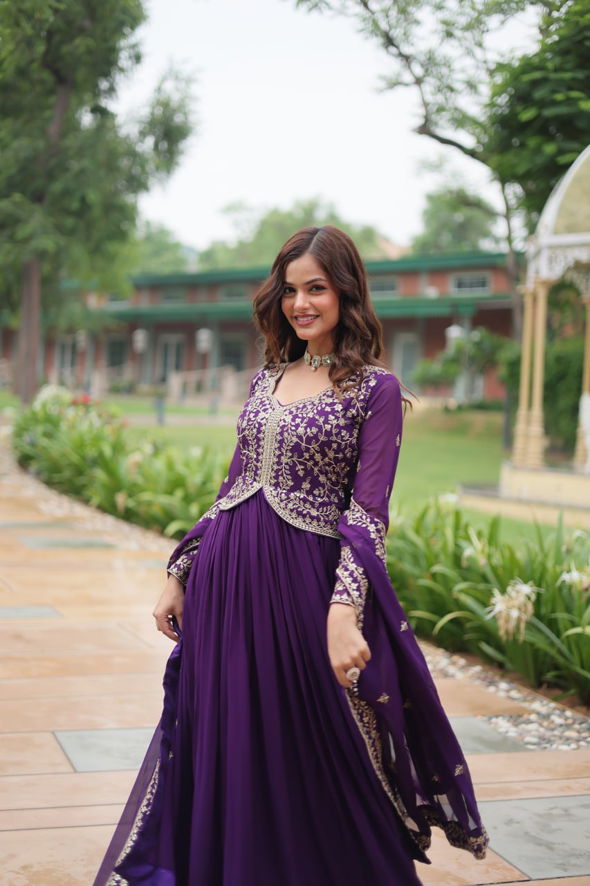 Radiant Faux Georgette Intricate Sequins Embroidered Gown With Dupatta - Ethnicwish