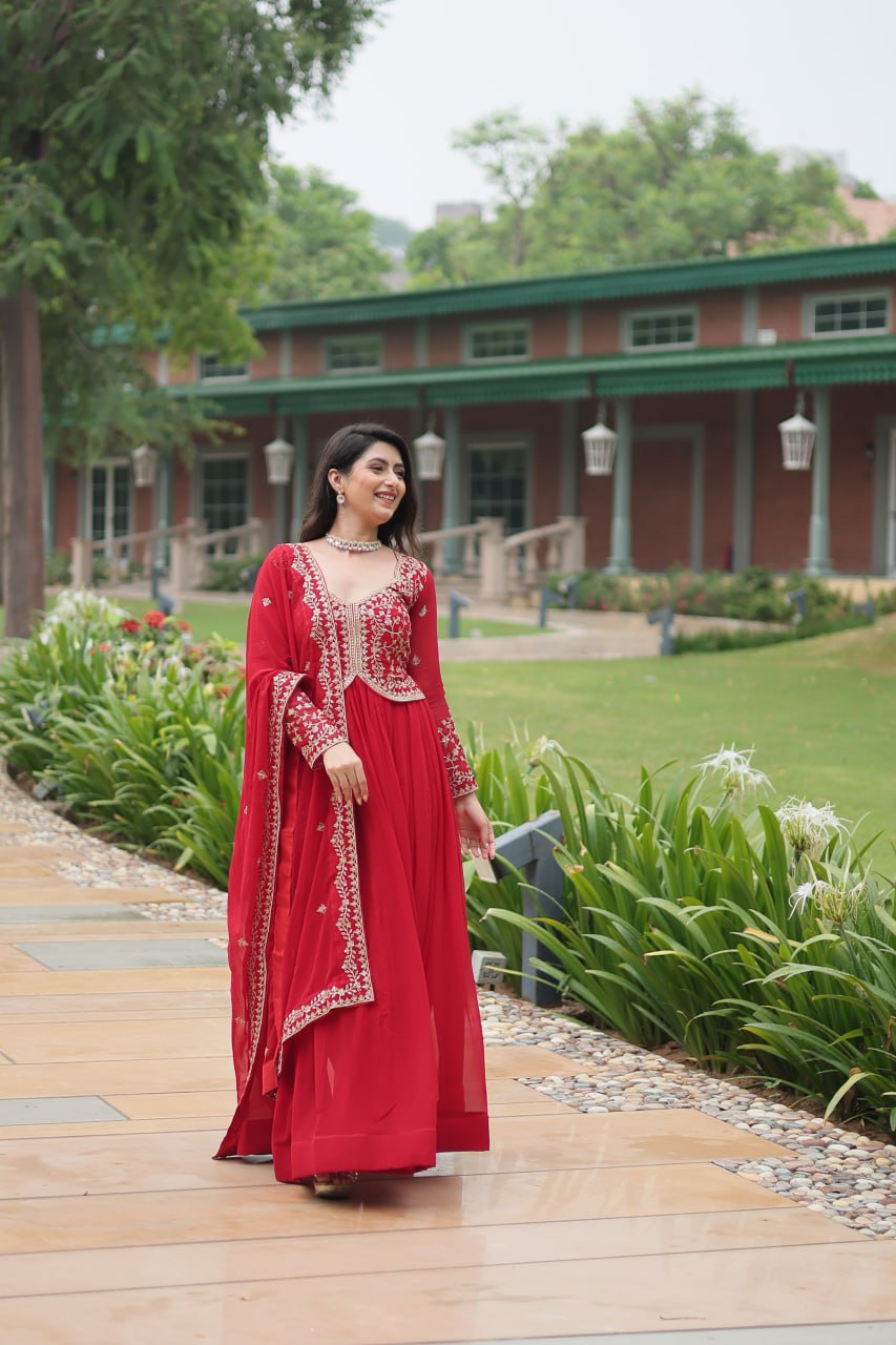 Radiant Faux Georgette Intricate Sequins Embroidered Gown With Dupatta - Ethnicwish