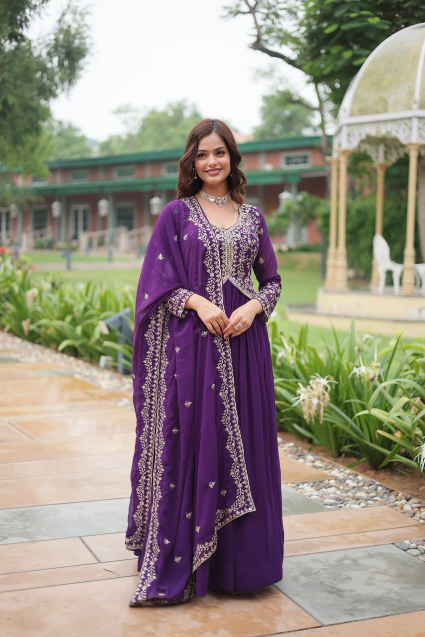 Radiant Faux Georgette Intricate Sequins Embroidered Gown With Dupatta - Ethnicwish