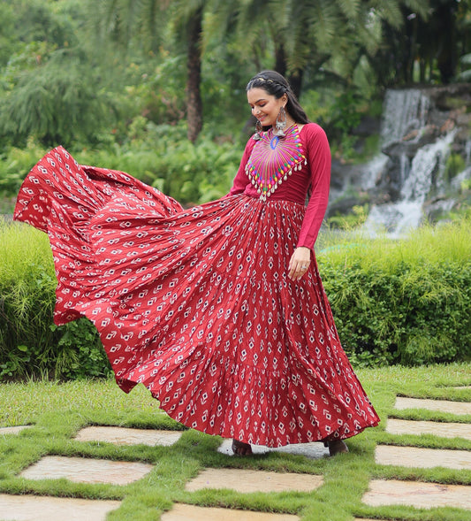 Maroon Cotton Printed Gown with Kutchi Gamthi Work & Kodi Lace – 12 Meter Flair