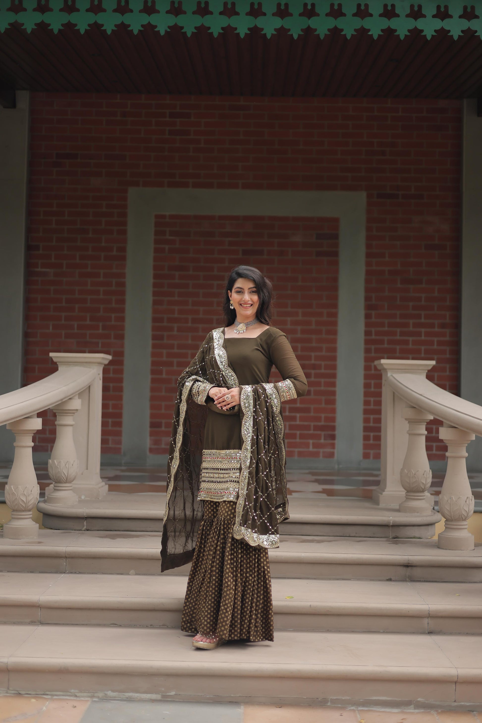 Dashing Faux Georgette Sequins Thread Worked Top Sharara Suit - Ethnicwish