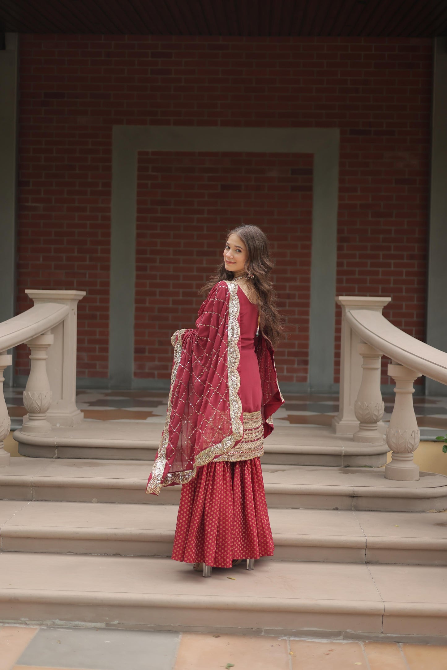 Dashing Faux Georgette Sequins Thread Worked Top Sharara Suit - Ethnicwish