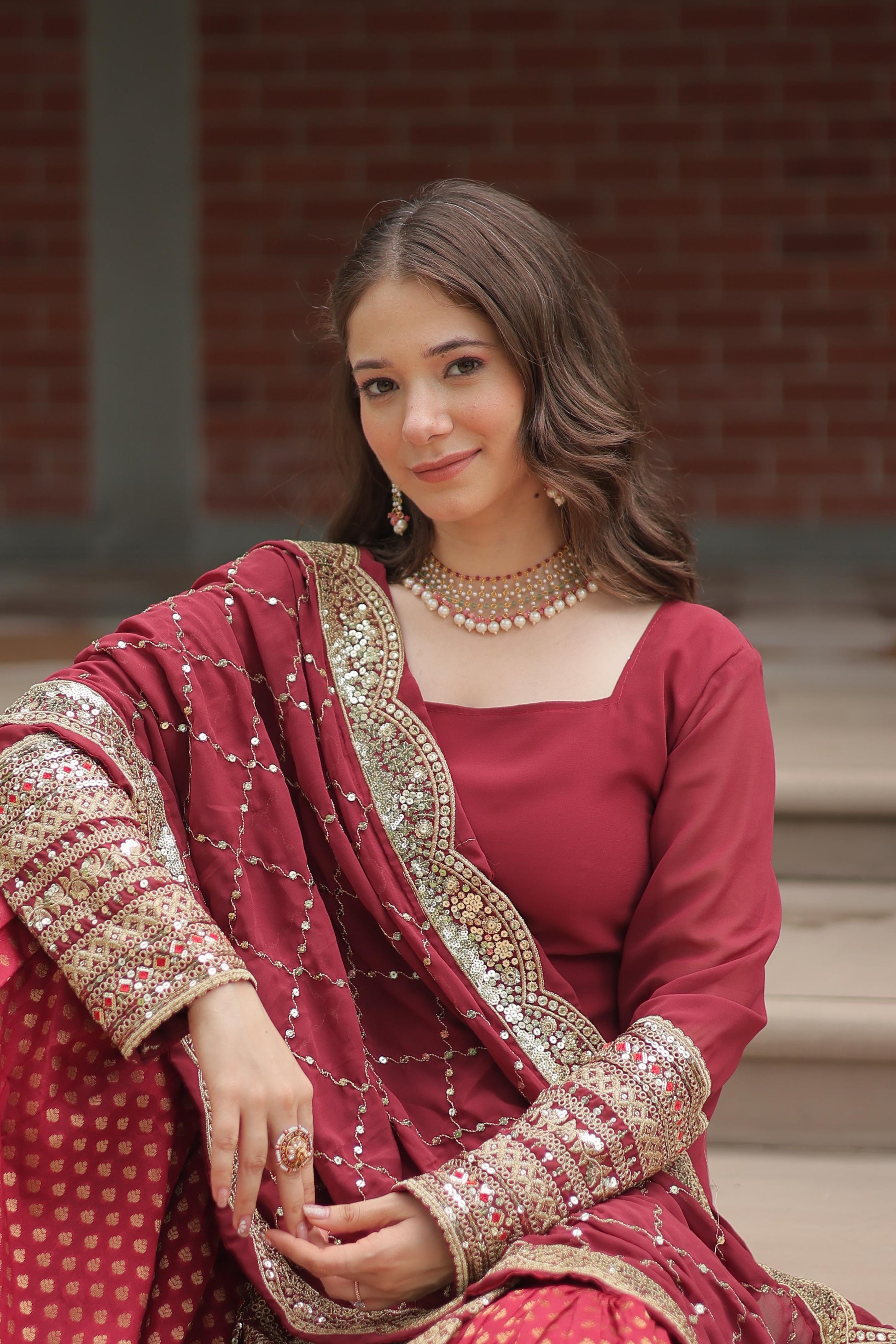 Dashing Faux Georgette Sequins Thread Worked Top Sharara Suit - Ethnicwish
