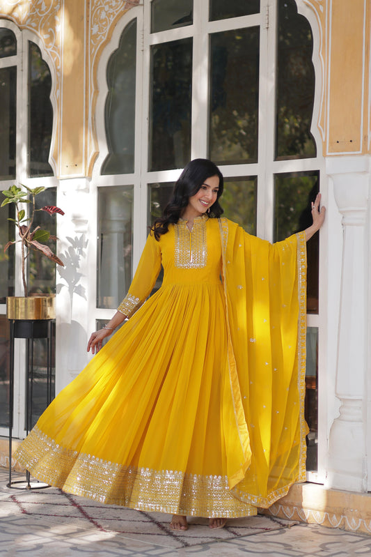 Magnificent Faux Georgette Rich Sequins Embroidered Gown With Dupatta - Ethnicwish