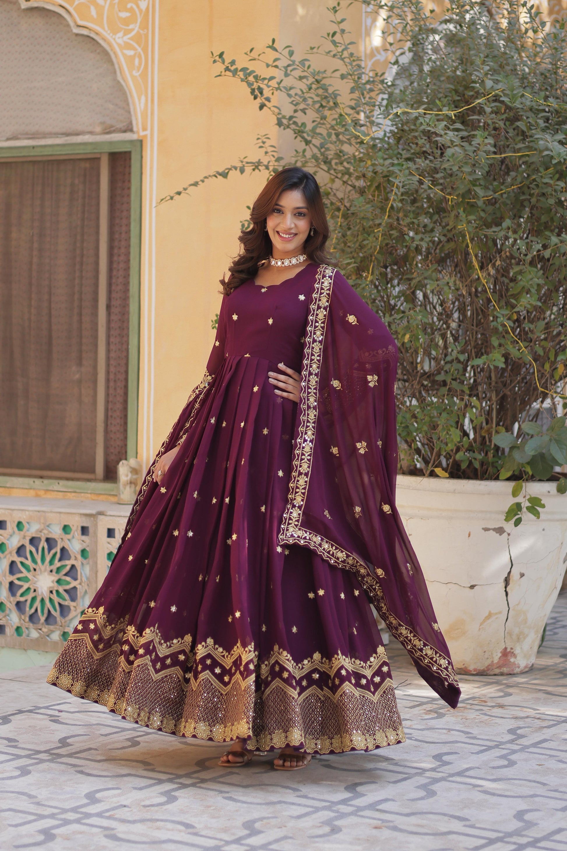 Breathtaking Faux Georgette Zari Sequins Embroidered Gown With Dupatta - Ethnicwish