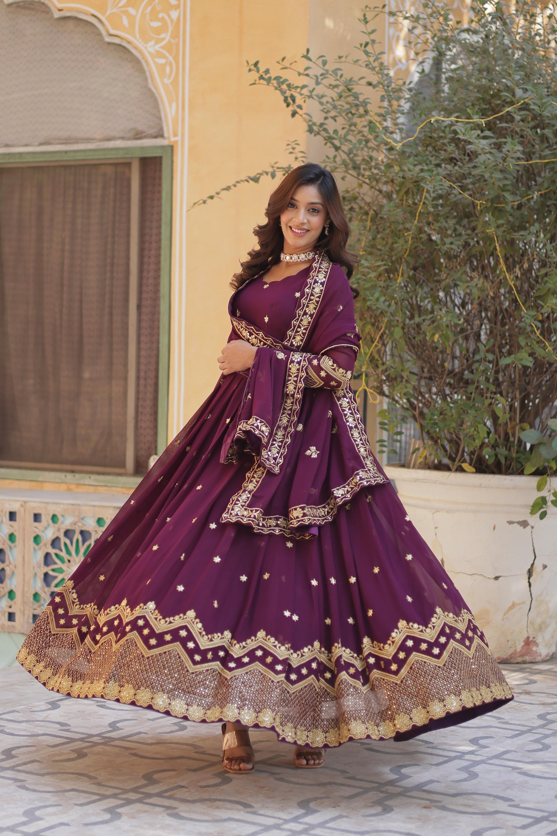 Breathtaking Faux Georgette Zari Sequins Embroidered Gown With Dupatta - Ethnicwish