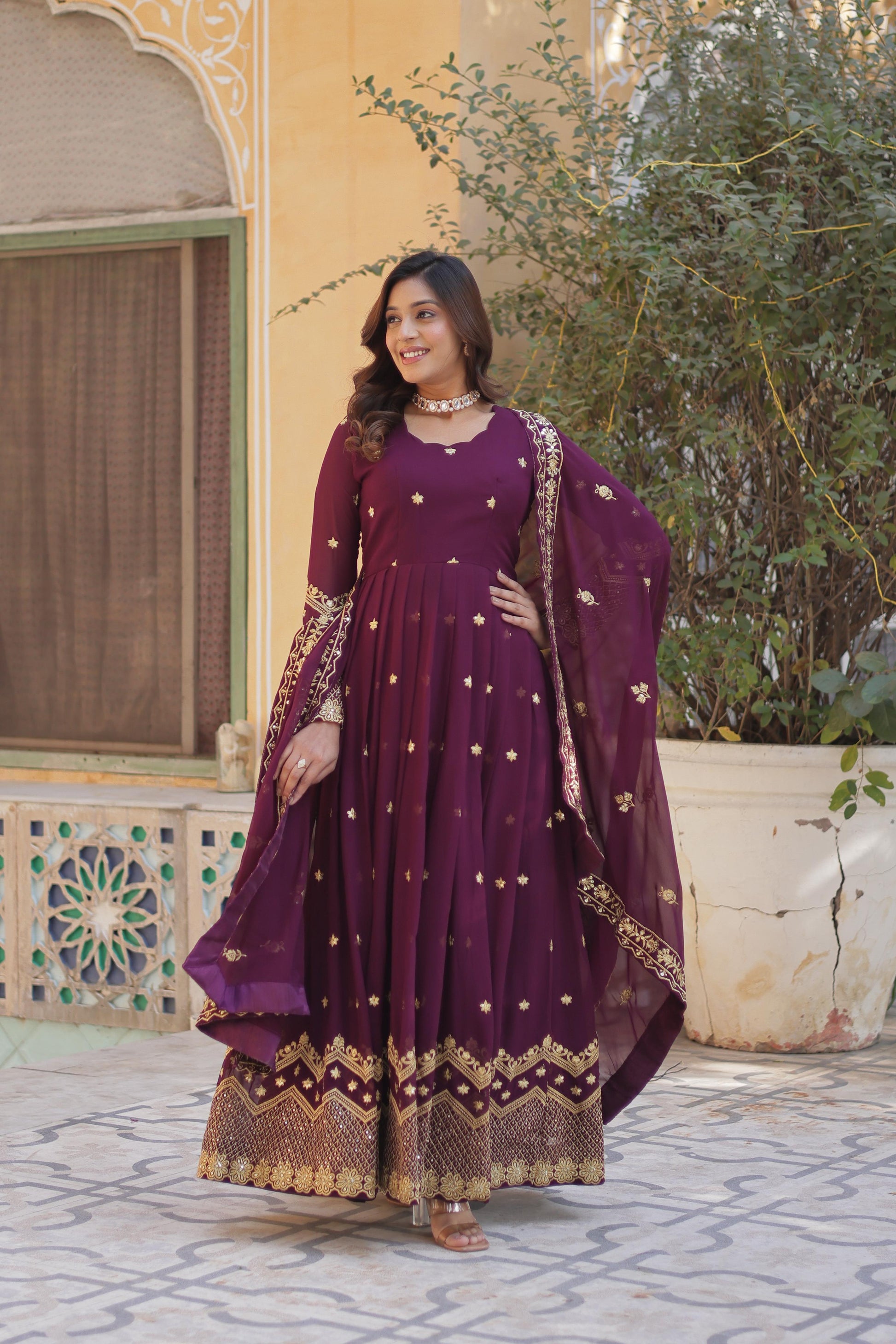 Breathtaking Faux Georgette Zari Sequins Embroidered Gown With Dupatta - Ethnicwish