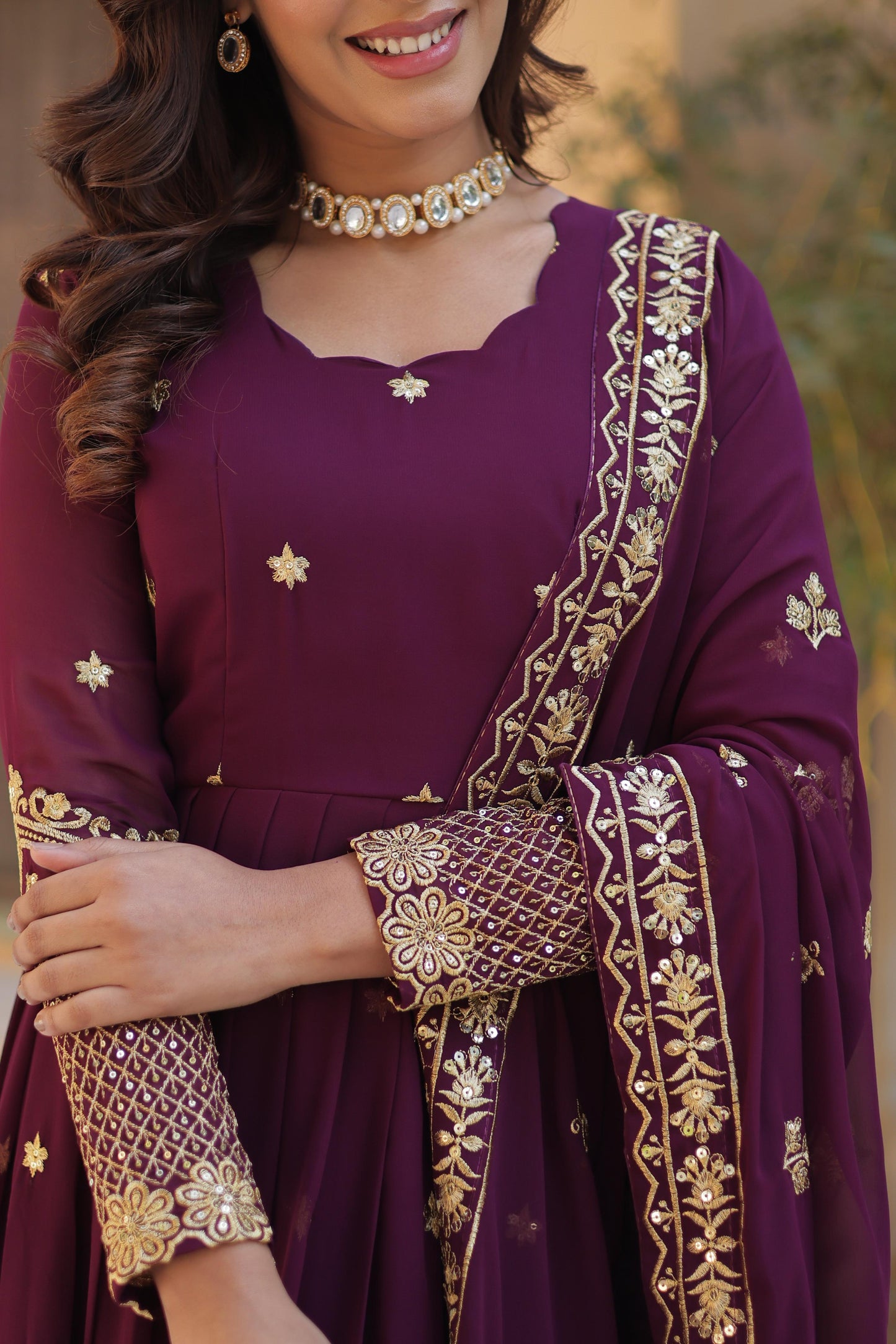 Breathtaking Faux Georgette Zari Sequins Embroidered Gown With Dupatta - Ethnicwish