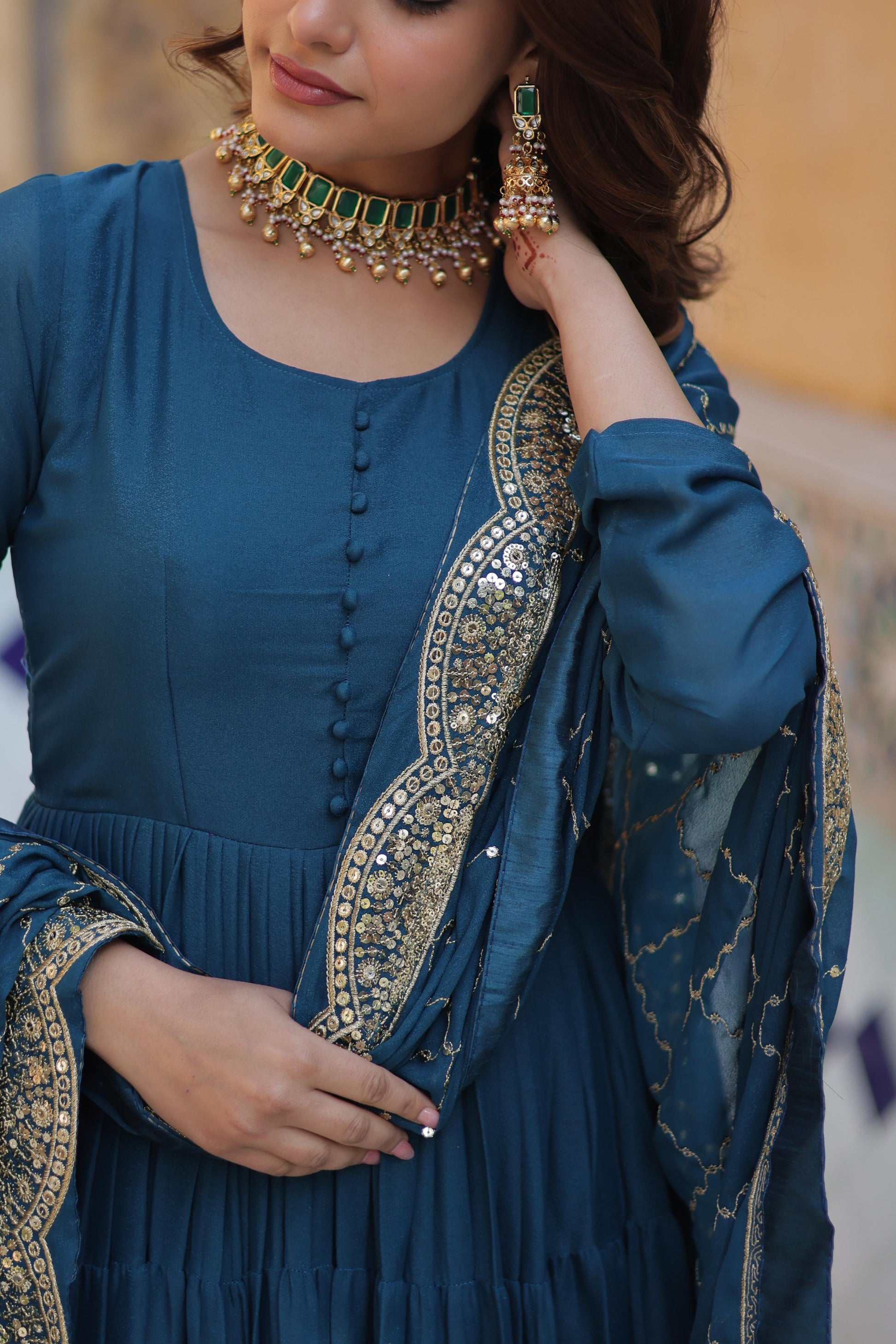 Sttuning 15 Mtr Flared Georgette Stitched Designer Ruffle Gown - Ethnicwish