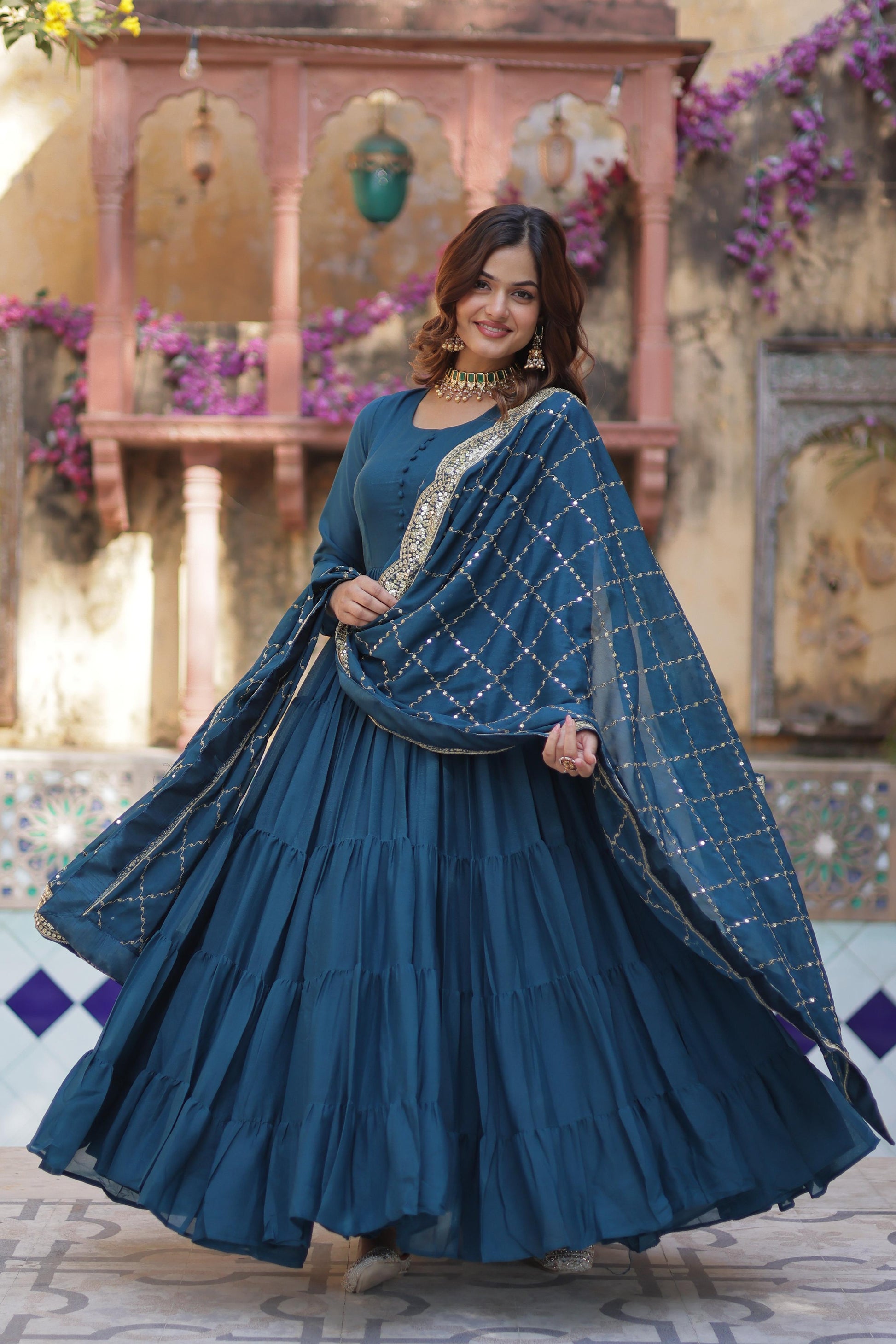 Sttuning 15 Mtr Flared Georgette Stitched Designer Ruffle Gown - Ethnicwish