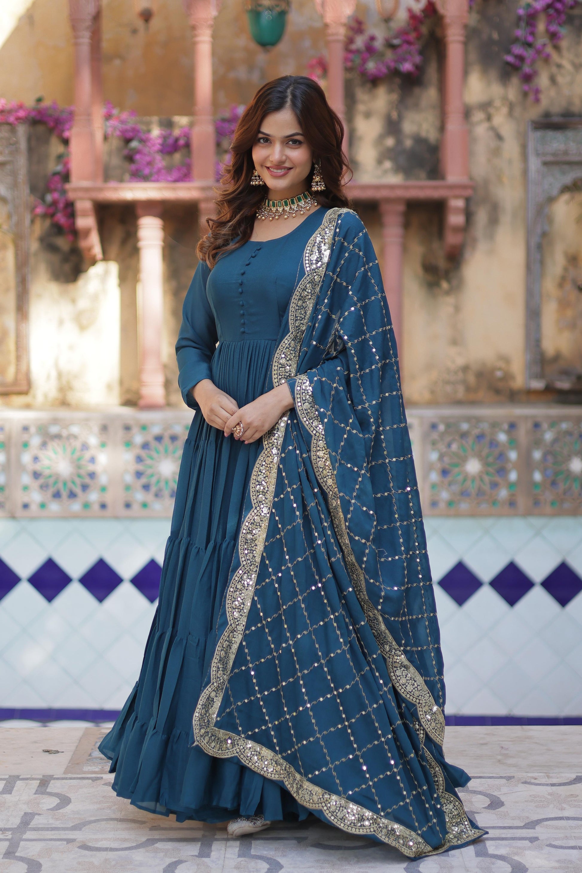 Sttuning 15 Mtr Flared Georgette Stitched Designer Ruffle Gown - Ethnicwish