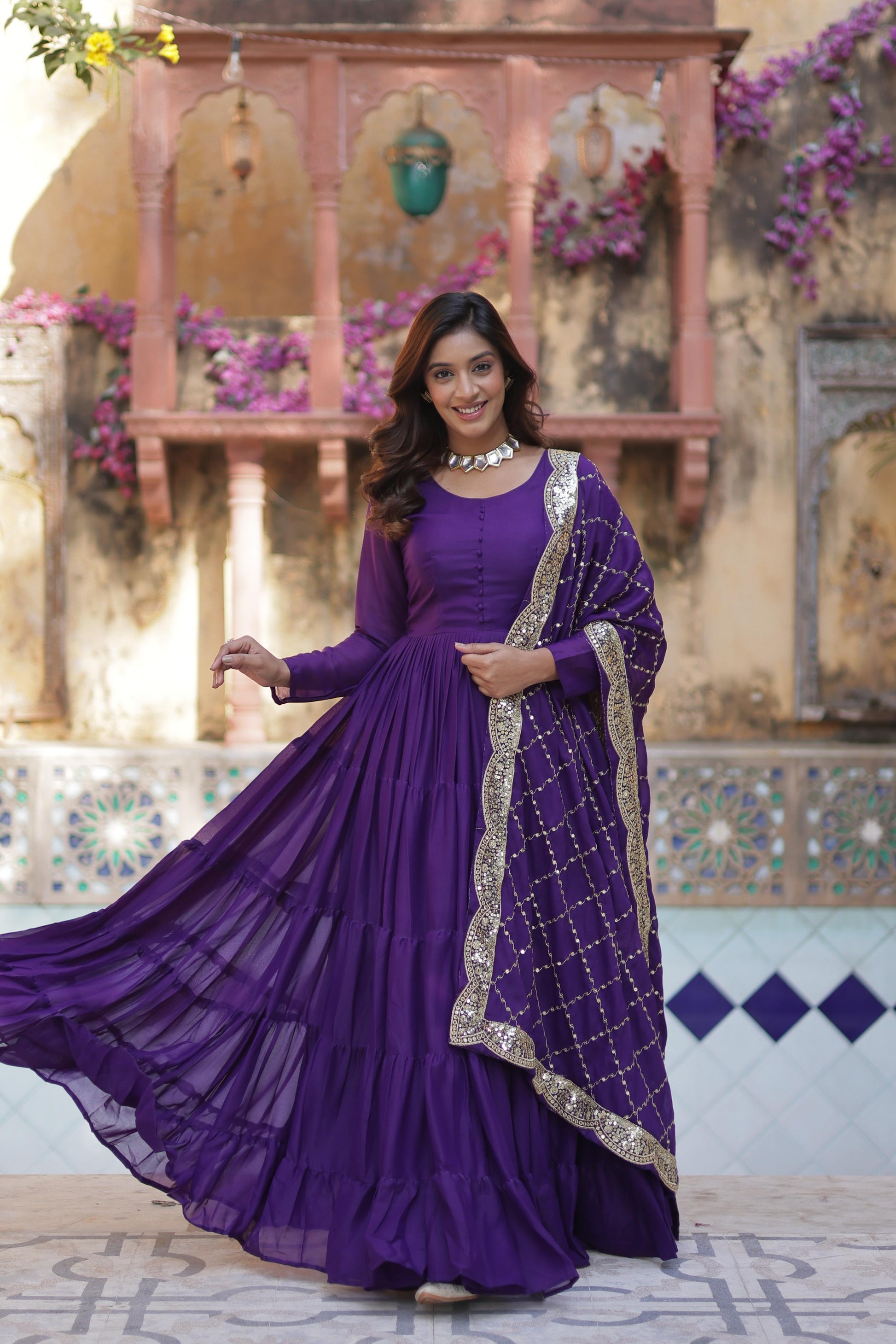 Sttuning 15 Mtr Flared Georgette Stitched Designer Ruffle Gown - Ethnicwish