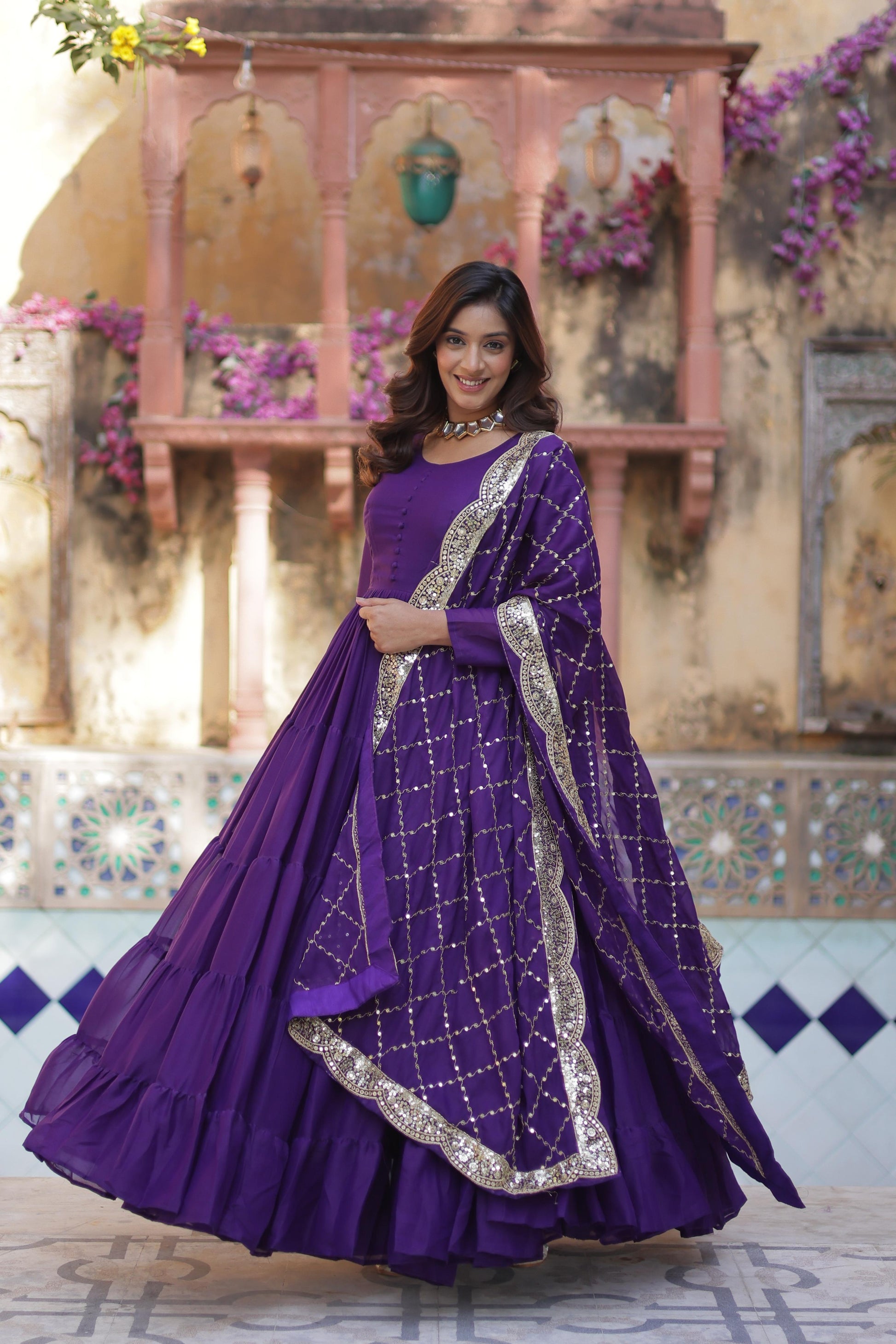 Sttuning 15 Mtr Flared Georgette Stitched Designer Ruffle Gown - Ethnicwish