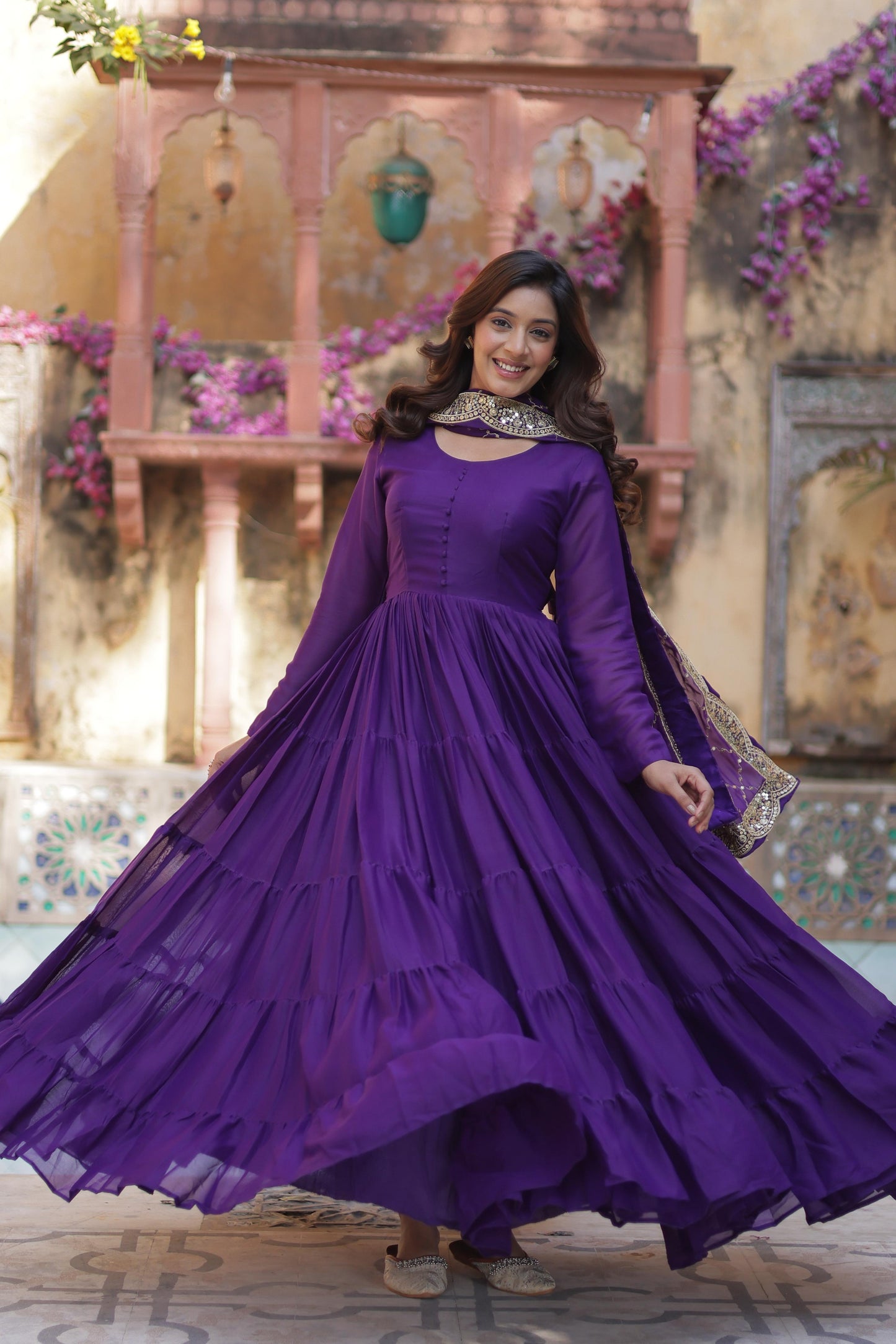 Sttuning 15 Mtr Flared Georgette Stitched Designer Ruffle Gown - Ethnicwish