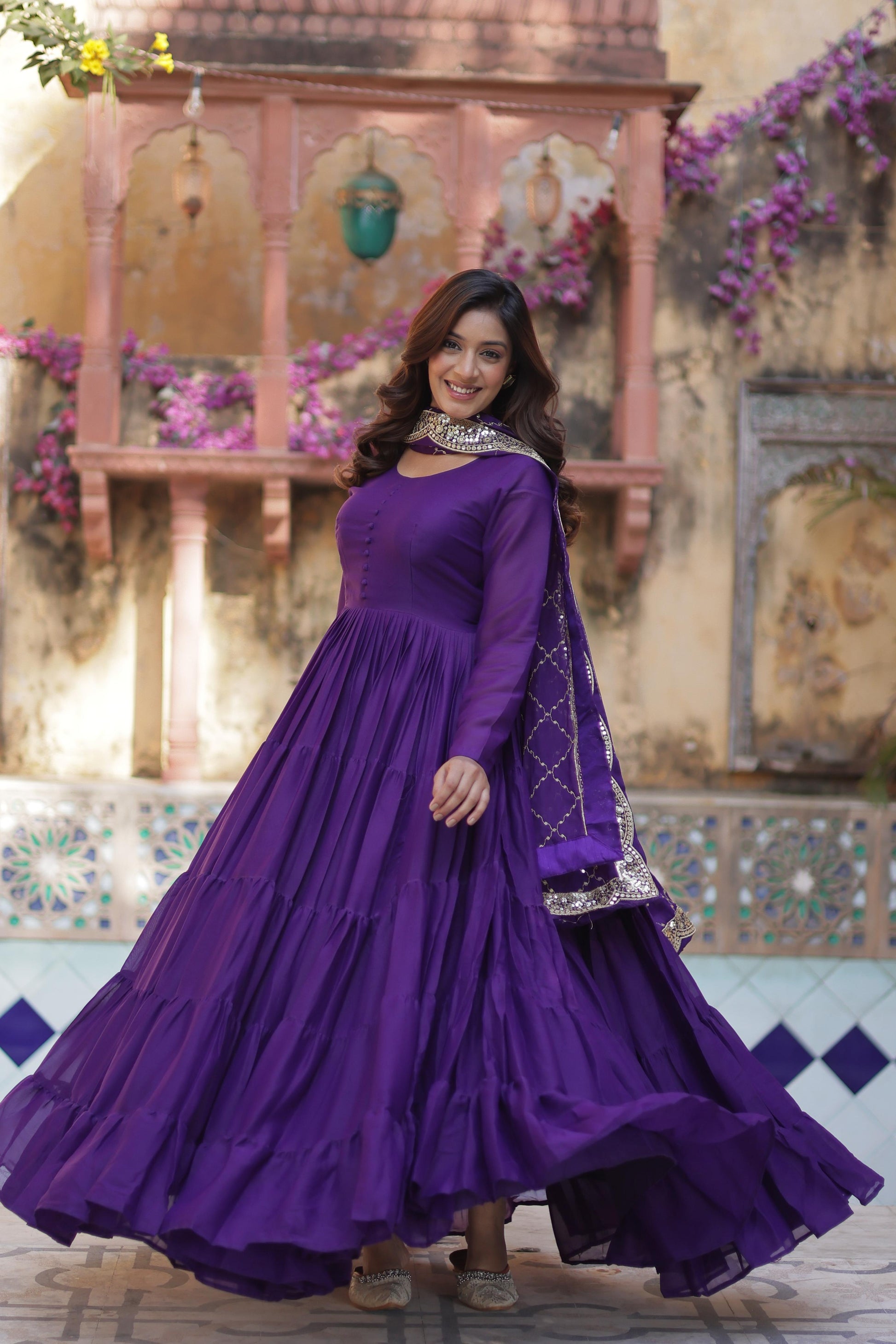 Sttuning 15 Mtr Flared Georgette Stitched Designer Ruffle Gown - Ethnicwish
