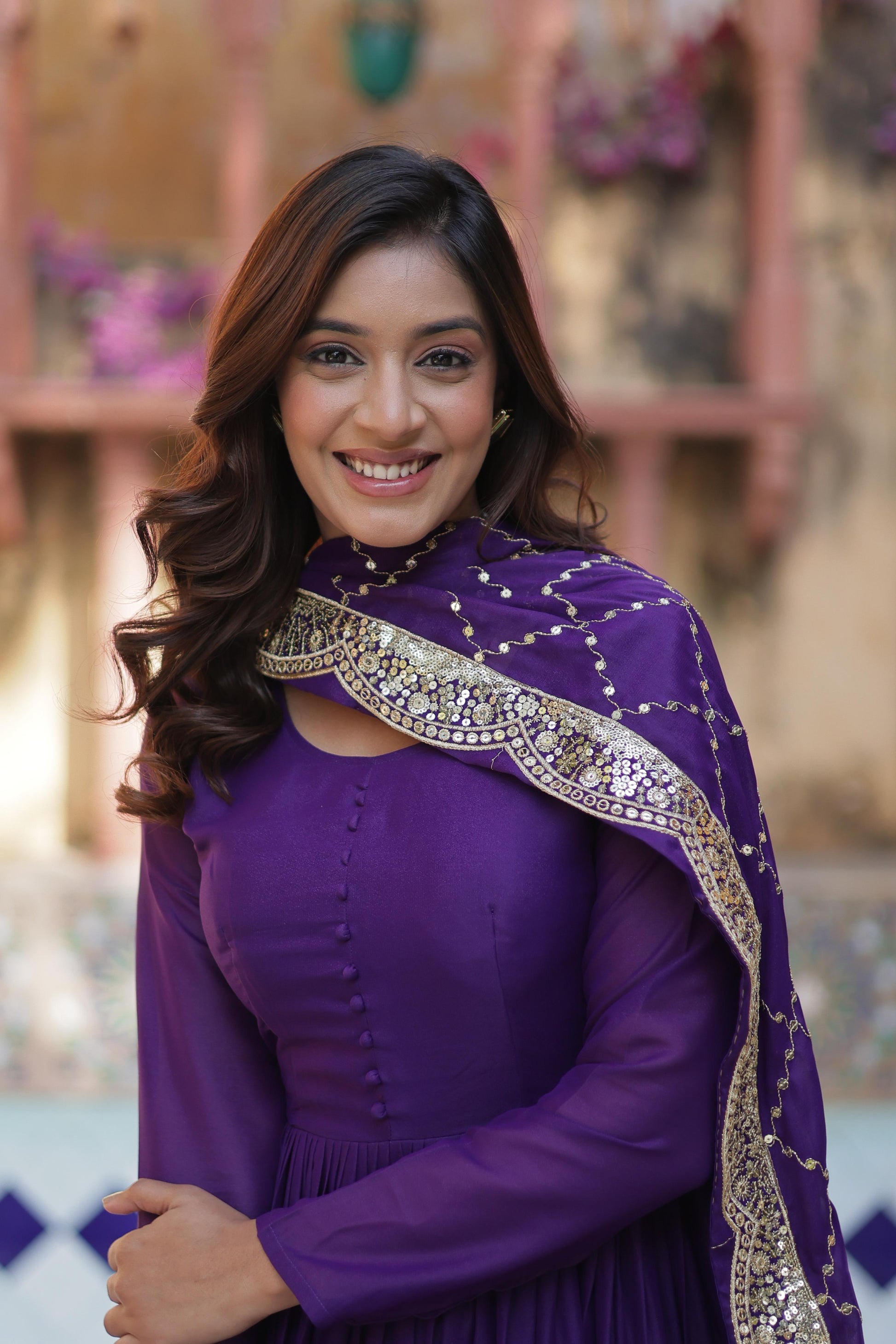 Sttuning 15 Mtr Flared Georgette Stitched Designer Ruffle Gown - Ethnicwish