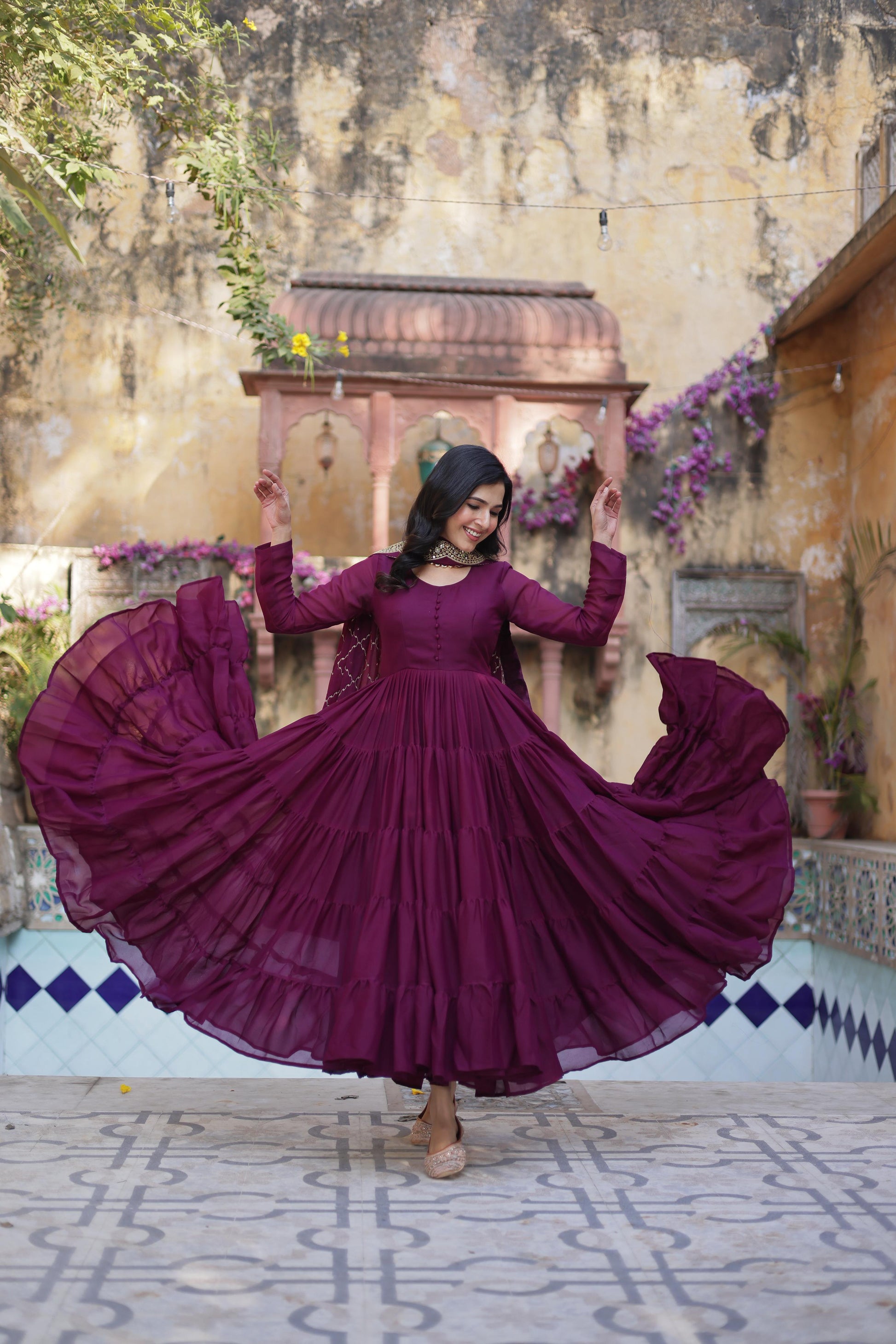 Sttuning 15 Mtr Flared Georgette Stitched Designer Ruffle Gown - Ethnicwish