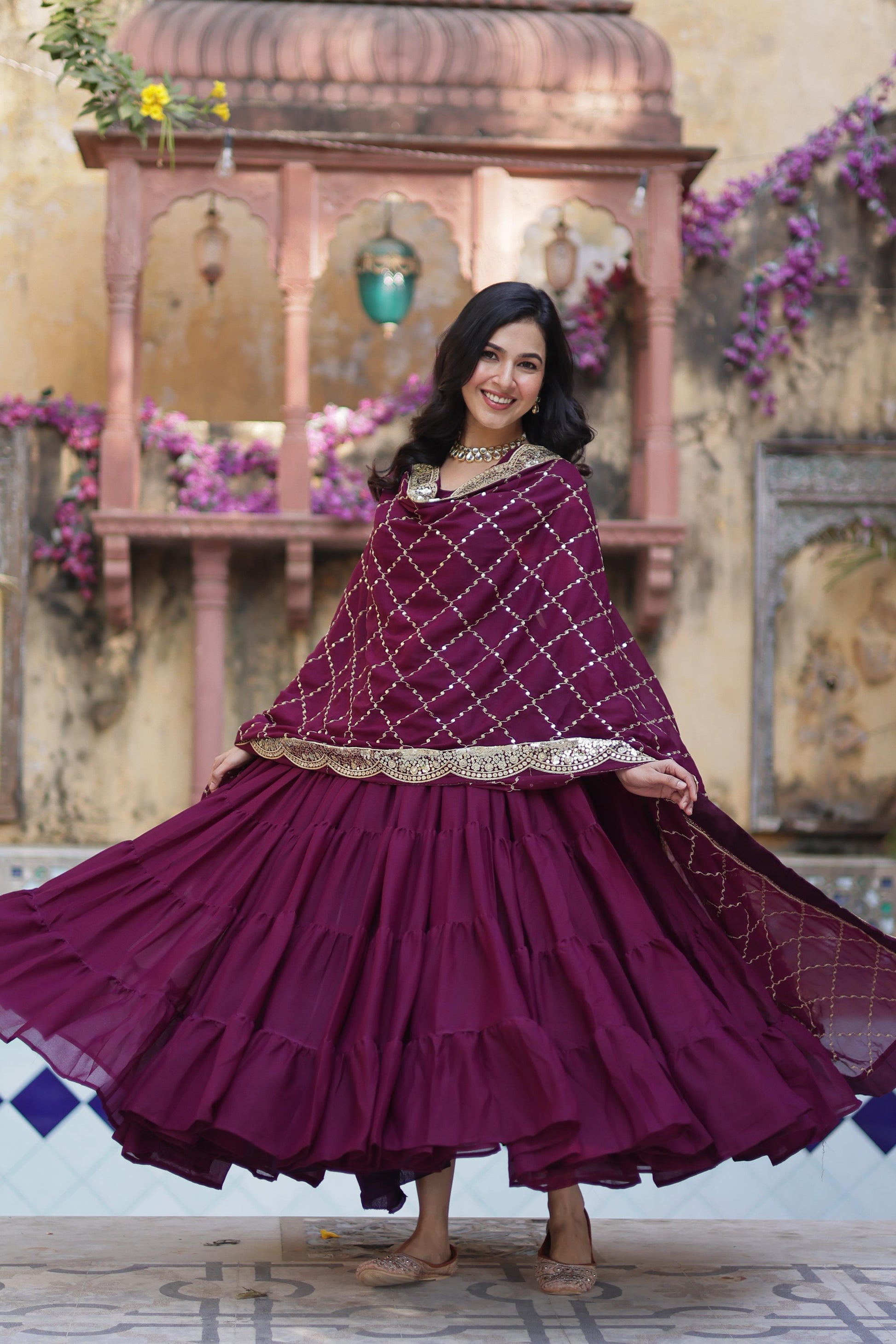 Sttuning 15 Mtr Flared Georgette Stitched Designer Ruffle Gown - Ethnicwish