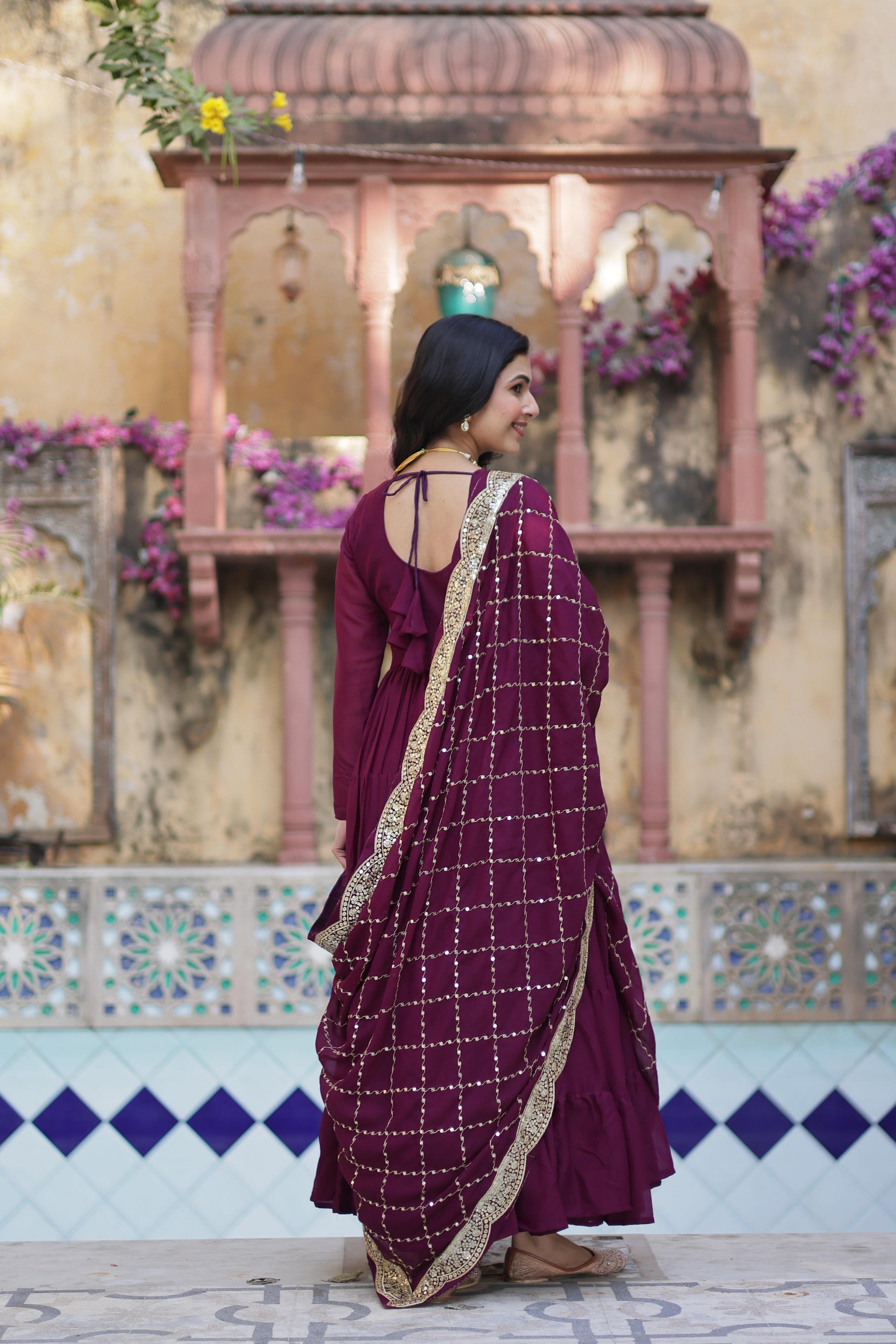 Sttuning 15 Mtr Flared Georgette Stitched Designer Ruffle Gown - Ethnicwish